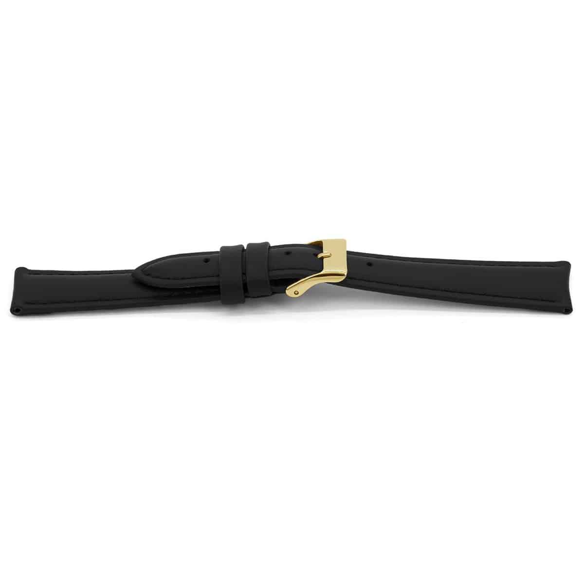 Zwart lederen horlogeband licht gevuld met goudkleurig edelstalen gesp.
Kleur band: Zwart
Band dikte: 4.4 - 3.5mm
Band lengte: 75/115mm
Band breedte: 18x16mm
Gesp: Edelstaal IPG
Bekleding binnenband: Nubuck
Gestikt: Ja, dezelfde kleur als deband. 
Pushpin: Exclusief
Hypo allergisch: Ja
EAN; 8716667160897