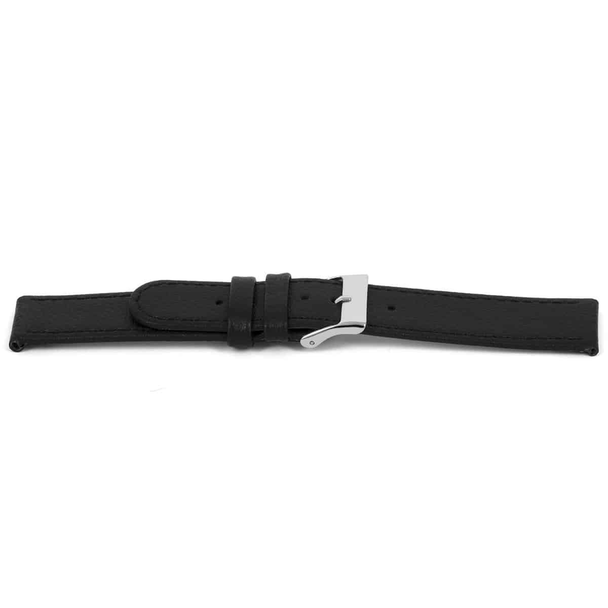 Zwart lederen horlogeband met zilverkleurig edelstalen gesp.
Kleur band: Zwart
Band dikte: 2.5mm
Band lengte: 75/115mm
Band breedte: 18x18mm
Gesp: Stainless steel
Bekleding binnenband: Nubuck
Gestikt: Ja, dezelfde kleur als de band. 
Pushpin: Exclusief
Hypo allergisch: Ja
EAN: 8716667161627