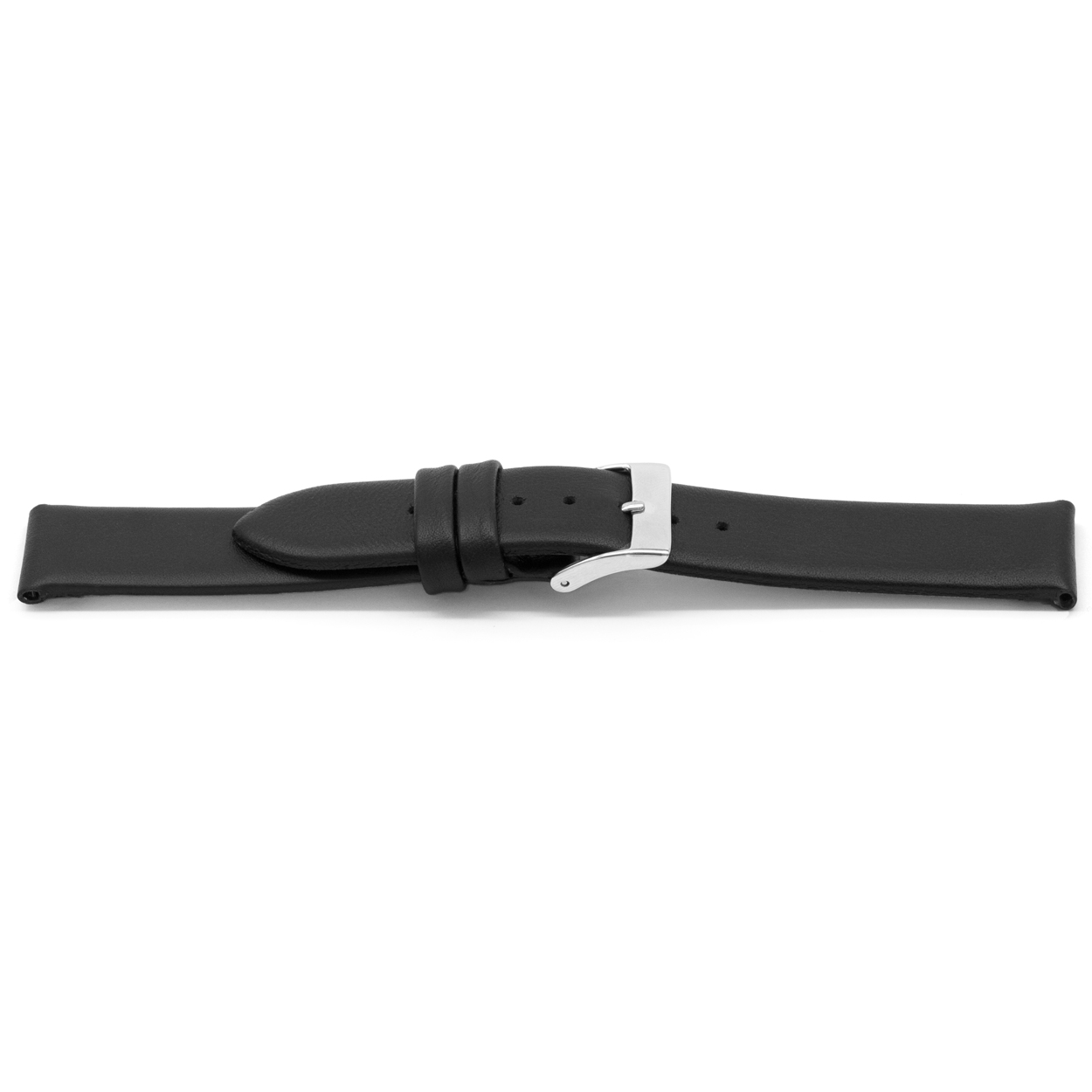 Zwarte kalfslederen horlogeband met zilverkleurig edelstalen gesp.
Kleur band: zwart
Band dikte: 2.3 mm 
Band lengte: 75/115mm
Band breedte: 18x18mm
Gesp: Stainless steel
Bekleding binnenband: Nubuck
Gestikt: Nee
Pushpin: Inclusief quickswitch
Hypo allergisch: Ja
EAN: 4780263123185