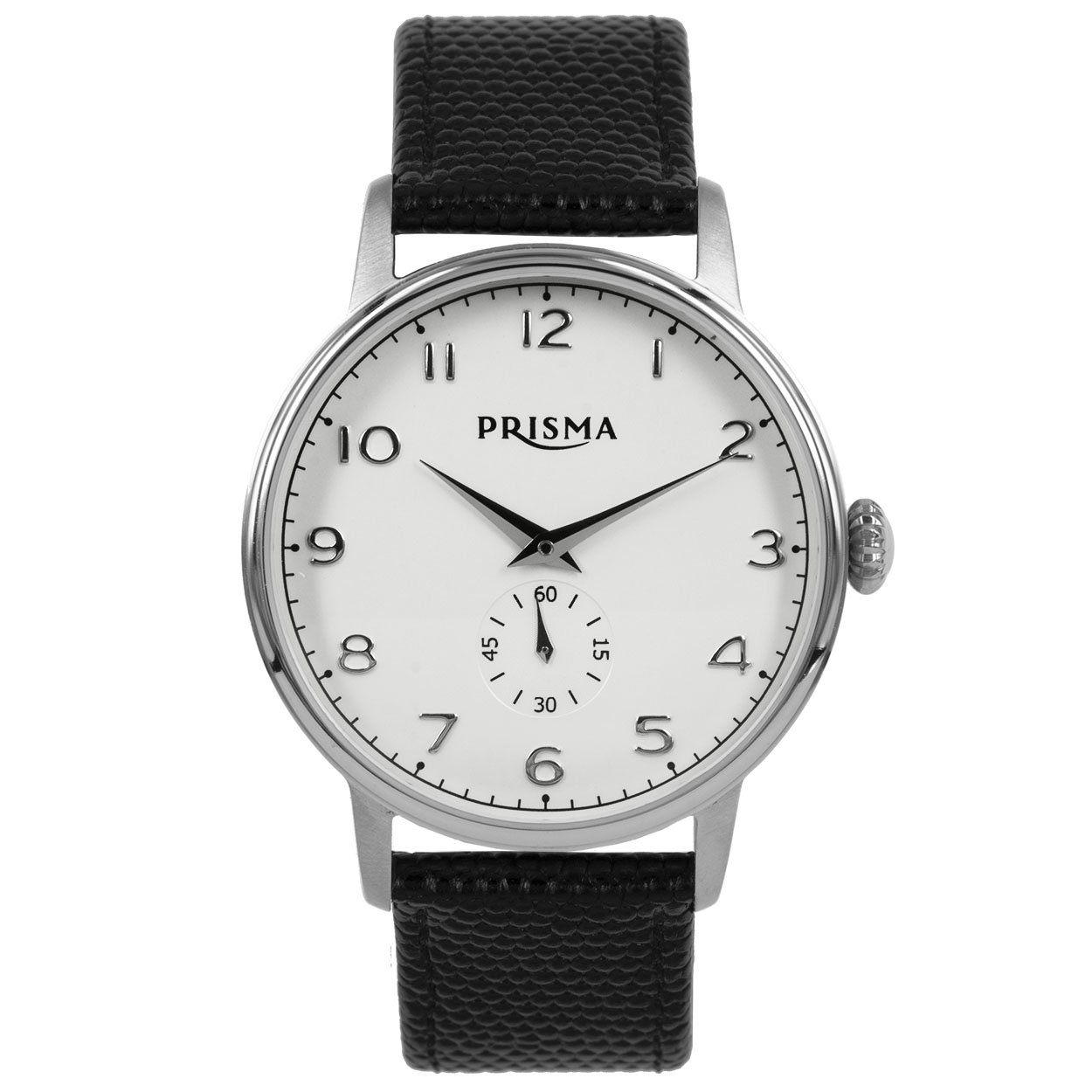 Prisma stalen herenhorloge met zwarte lerenband en extra seconde-wijzerplaat