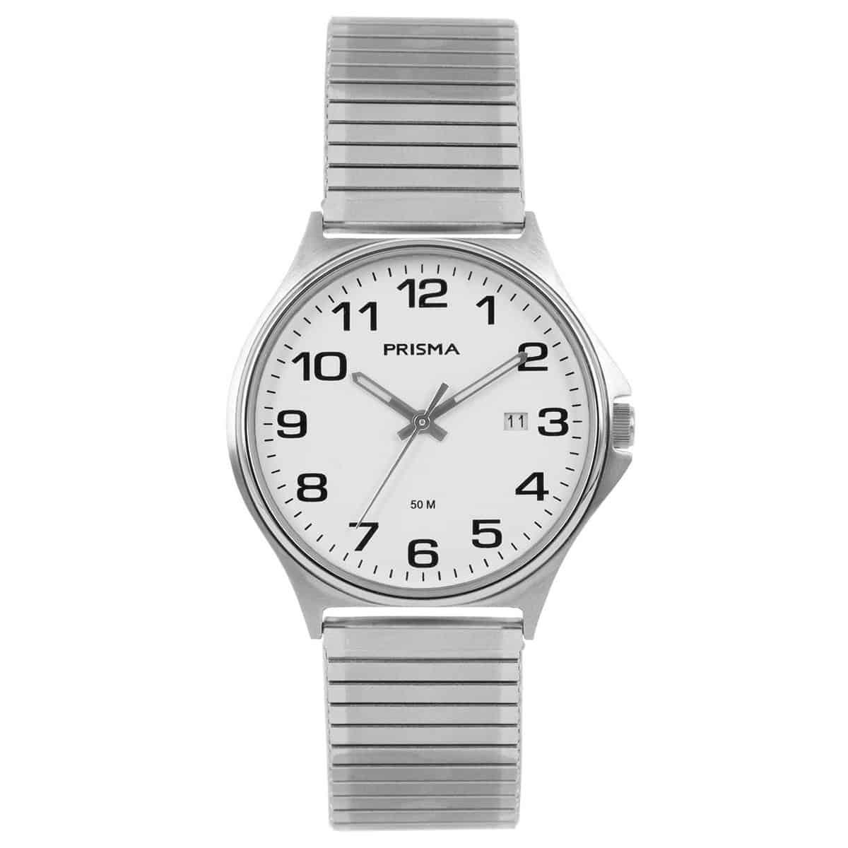 Prisma horloge P1685.54VG heren edelstaal 5 ATM 

Algemeen
Geslacht: heren
Model: P.1685.54VG

Voordelen
- rekband sluit naadloos aan op de huid
- band edelstaal zilver
- wijzerplaat wit met zwarte cijfers (arabisch)
- wijzers lichten op in donker
- datum
- duidelijke tijdsweergave
- spat waterdicht: handenwassen, regen
- quartz
- maat kast 39mm (breedte) 7,5mm (dikte)


