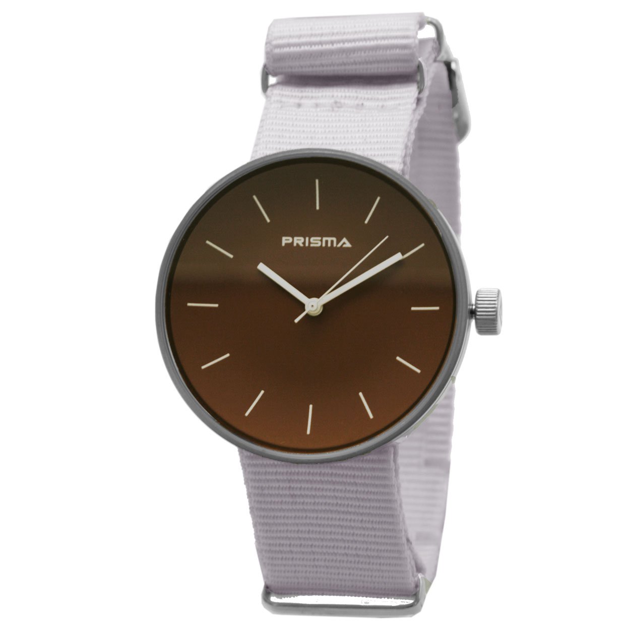 Prisma unisex stalen design horloge met witte nato band en bruine wijzerplaat