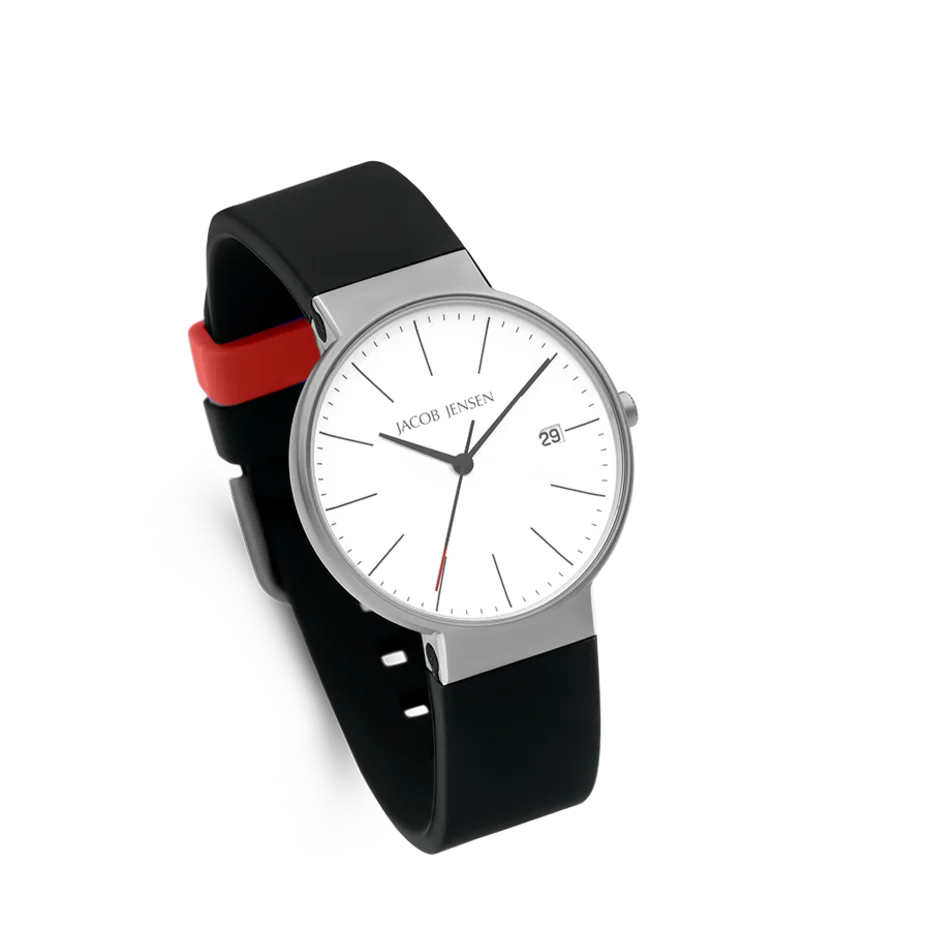 Jacob Jensen Timeless Nordic JJ180 | 37mm. Een fantastisch horloge uit de herencollectie van Jacob Jensen. Het horloge is gemaakt uit huidvriendelijke producten zoals titanium en siliconen. Daardoor is het horloge ook nog eens extra licht van gewicht. Het betrouwbare uurwerk wordt beschermd door een ultrasterk saffierglas dat ook nog eens krasvast is. 