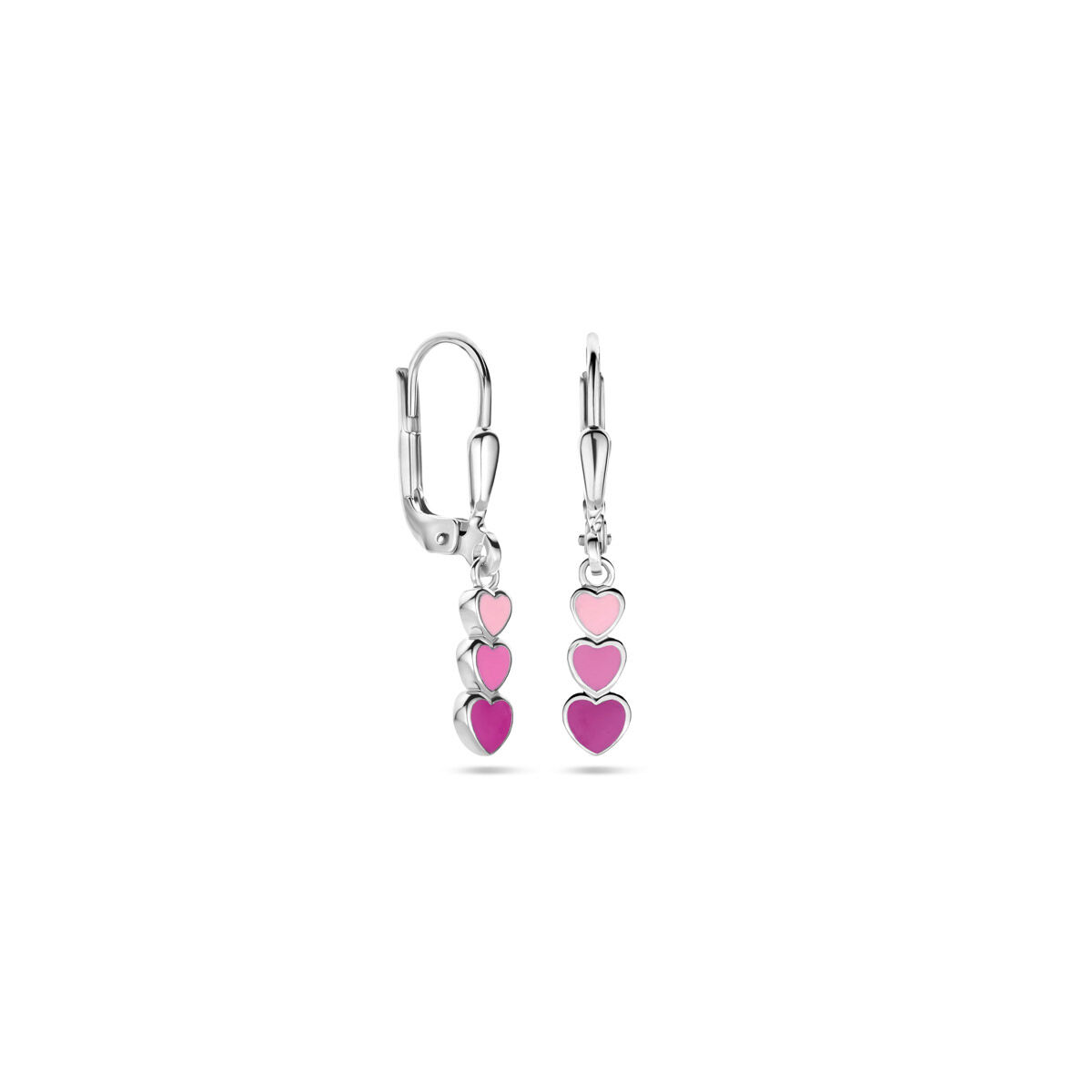 1343116 3 zilveren oorhangers roze hartjes emaille
