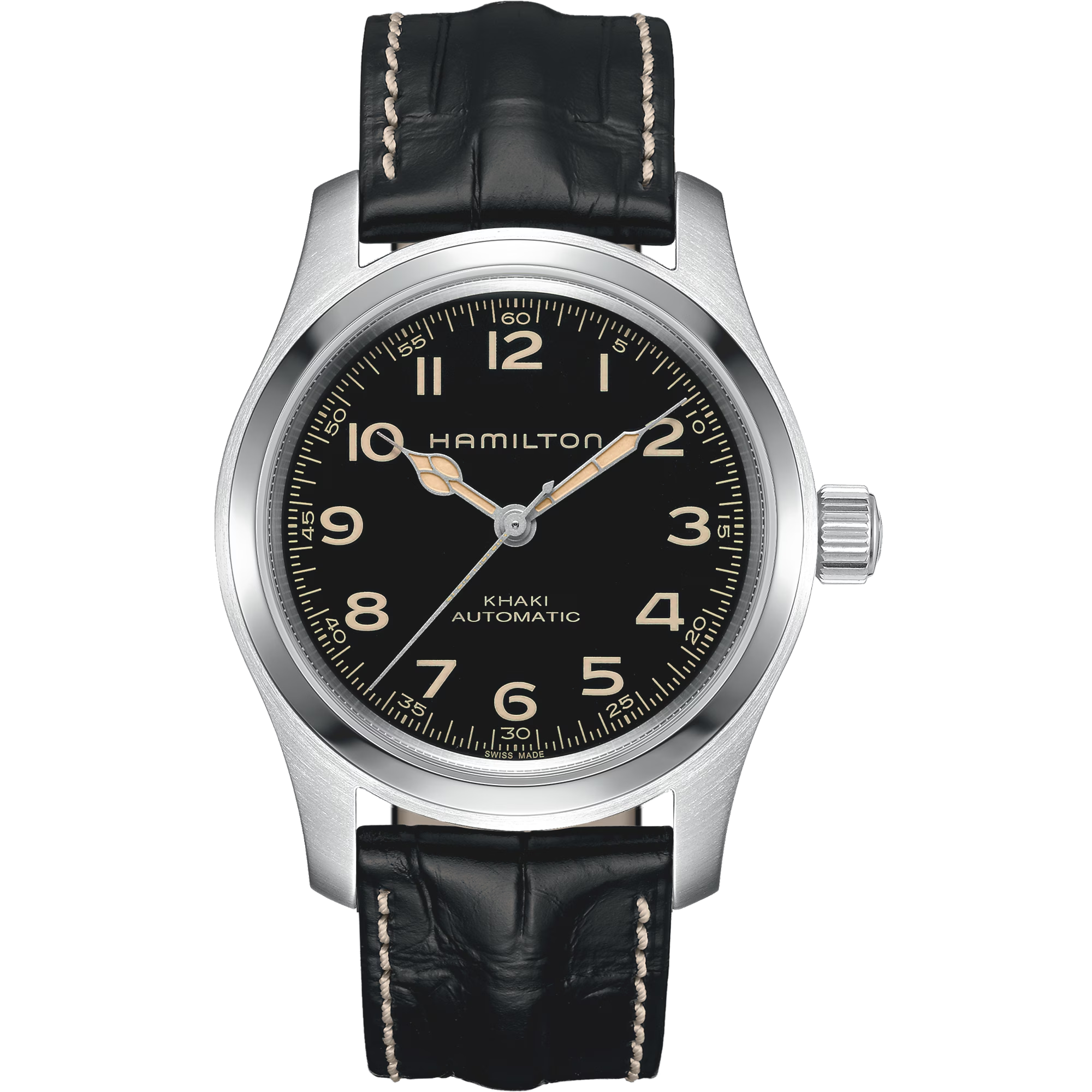 Hamilton KHAKI FIELD Murph H70605731 is een stijlvol horloge met een roestvrijstalen kast en saffierglas. Het heeft een automatisch uurwerk en is waterbestendig tot 10 ATM. De zwarte wijzerplaat met Arabische cijfers en de zwarte echt lederen band met krokodillenprint zorgen voor een klassieke uitstraling. Draag dit horloge voor een elegante en tijdloze look.
