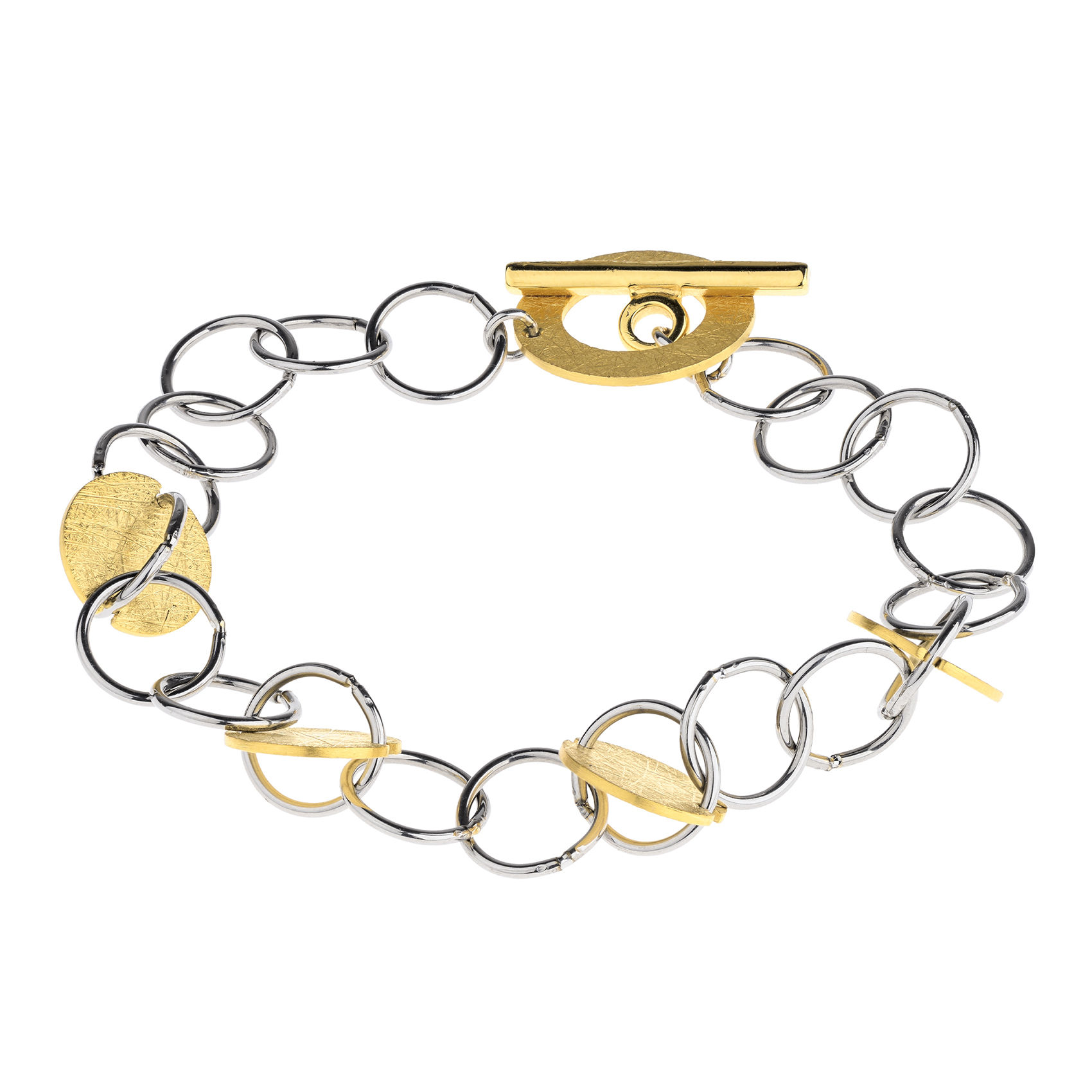 Das Edelstahl-Bicolor-Armband ist ein fantasievolles Schmuckst&uuml;ck aus Edelstahl, 19 cm lang. Es l&auml;sst sich am besten allein oder in Kombination mit der passenden Kette tragen, um einen modernen und stilvollen Look zu erzielen. Ideal f&uuml;r den allt&auml;glichen Gebrauch oder besondere Anl&auml;sse.