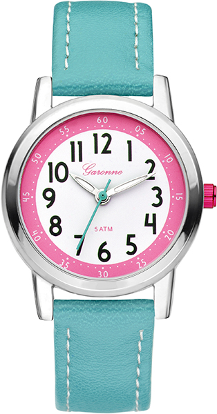 Het Garonne kinderhorloge model KV22Q472 heeft een blauwe PU leren band en roze accenten. Met een ronde zilverkleurige metalen kast van 28 mm en mineraalglas biedt het een analoge tijdsweergave via Arabische cijfers. Waterdichtheid tot 5 ATM. Ideaal voor dagelijks gebruik door kinderen. Beste gedragen om de pols voor makkelijk en stijlvol gebruik.