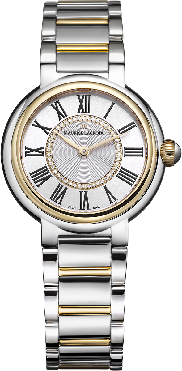 De Maurice Lacroix Fiaba Round 33mm Lady Quartz (modelnummer FA1306-SSY13-110-1) is een elegante dameshorloge met een roestvrijstalen band en kast, zilverkleurige wijzerplaat met Romeinse cijfers, en 46 diamanten. Waterbestendig tot 5 ATM en voorzien van krasbestendig saffierglas. Perfect voor formele gelegenheden. Draag het bij chique outfits voor een verfijnde uitstraling. Nieuw met Zwitserse quartz beweging.