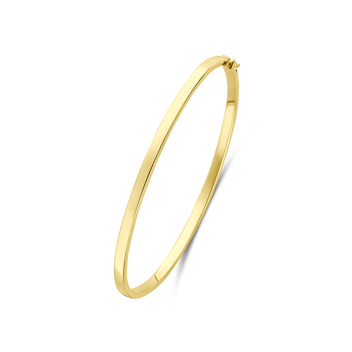 9k Geelkleurig met 925 zilveren kern bangle met een vlakke buis en een scharnier-sluiting. De bangle heeft een afmeting van 3x60mm.