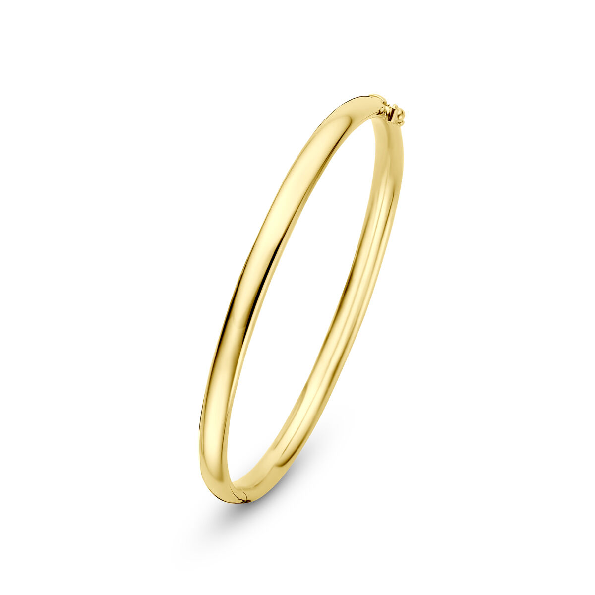 9k Geelkleurig met 925 zilveren kern bangle met een ovale buis en een scharnier-sluiting. De bangle heeft een afmeting van 5x60mm.