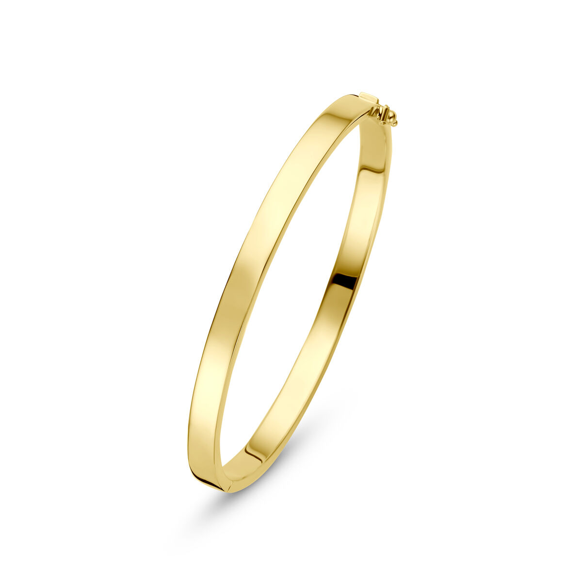 9k Geelkleurig met 925 zilveren kern bangle met een vlakke buis en een scharnier-sluiting. De bangle heeft een afmeting van 5x60mm.
