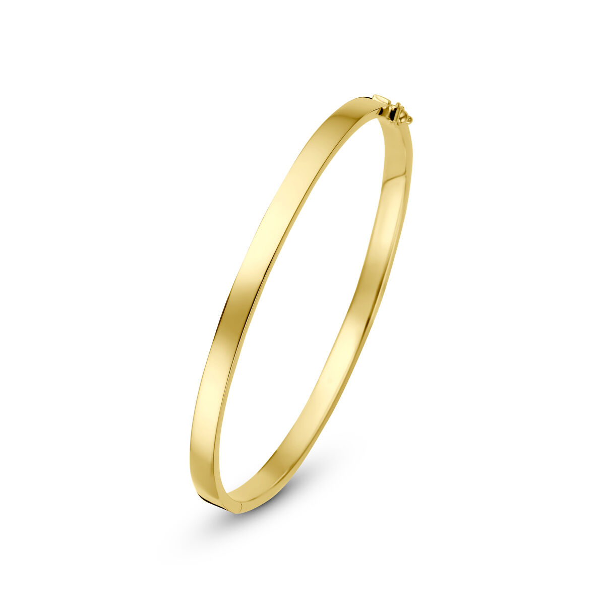 9k Geelkleurig met 925 zilveren kern bangle met een vlakke buis en een scharnier-sluiting. De bangle heeft een afmeting van 4x60mm.