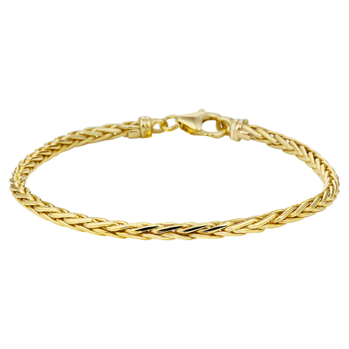 9k Geel kleurige armband met een kern van 925 zilver. De armband heeft een draaglengte van 18,5cm met een schakelbreedte van 3mm. Uitgevoerd met karabijnsluiting.