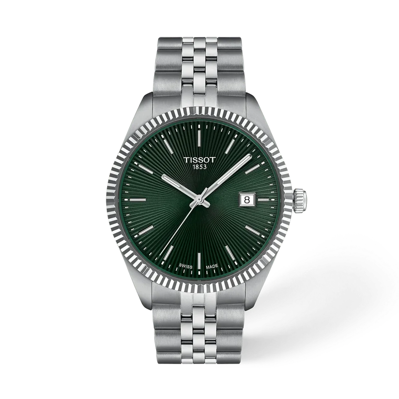 De Tissot Ballade T1564101109100 is een stijlvolle Zwitserse herenhorloge met quartz beweging. Het heeft een groene wijzerplaat met streeppatroon, zilverkleurige roestvrijstalen kast en band, en saffierglas. Waterdicht tot 10 ATM en hypoallergeen. Draag dit horloge bij formele en casual outfits voor een elegante look. Perfect voor dagelijks gebruik!