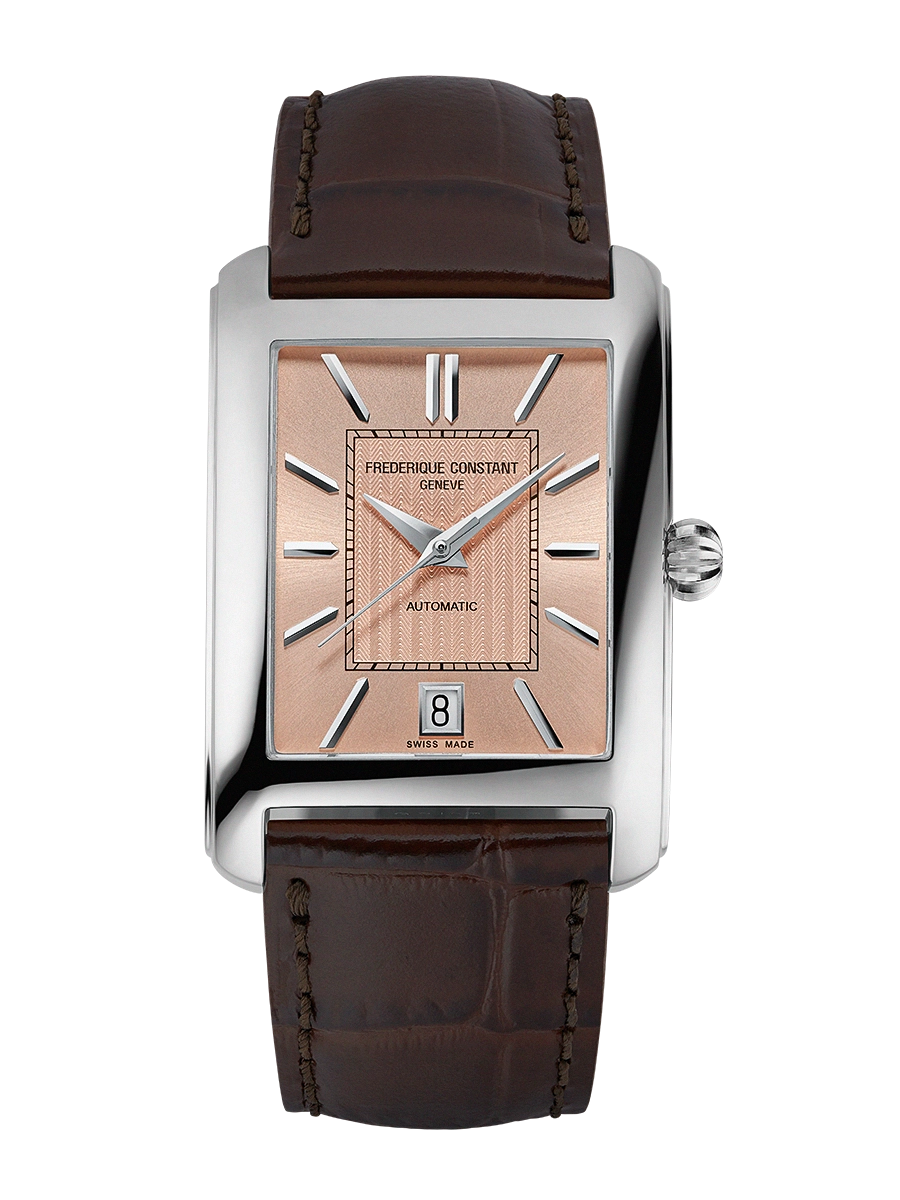 De Frederique Constant is een stijlvol automatisch herenhorloge met een rechthoekige stalen kast, zalmkleurige wijzerplaat en bruine lederen band. Het Zwitserse uurwerk en het elegante art-deco design maken dit model een tijdloze klassieker.