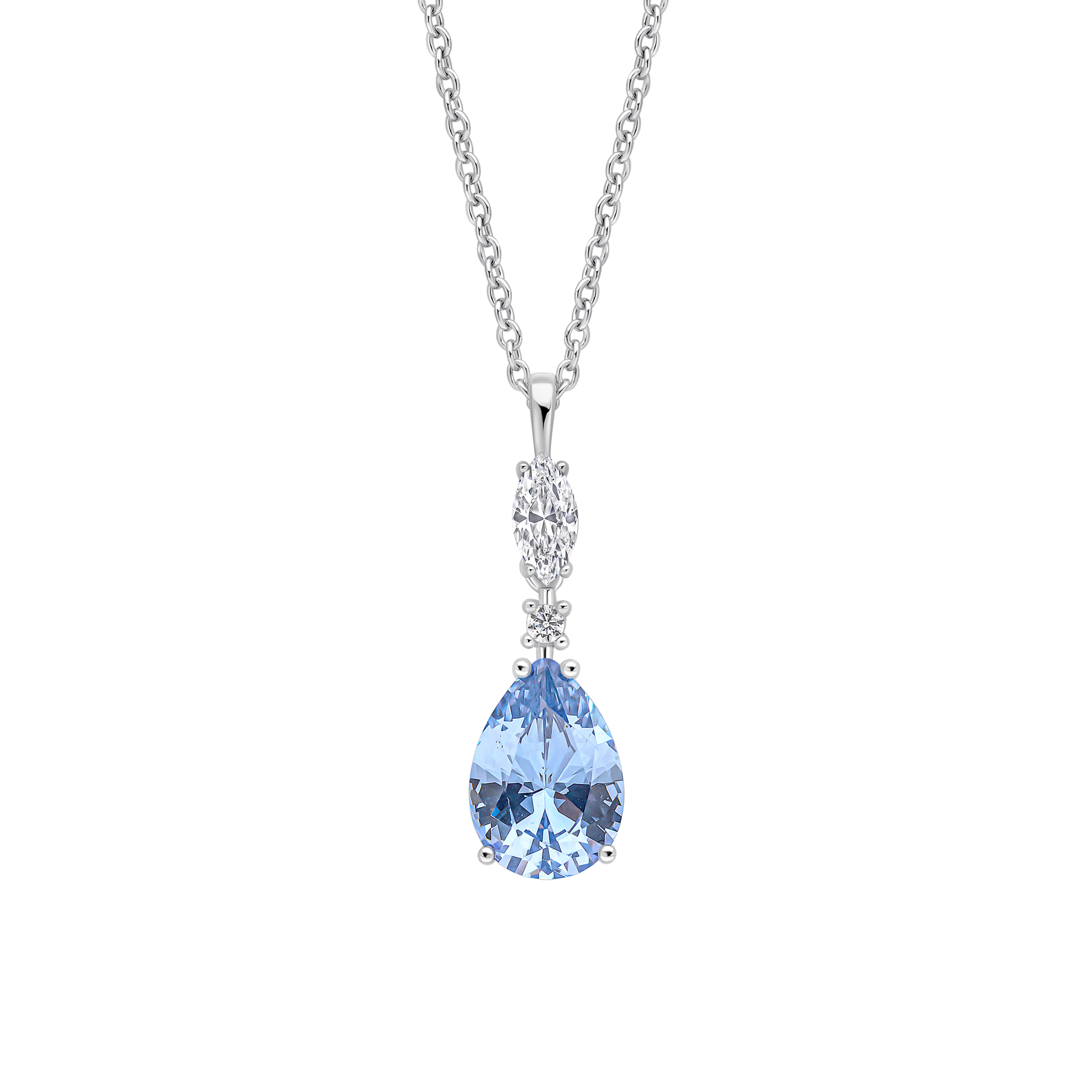 Die Silberkette mit Zirkoniaanh&auml;nger (Modellnummer P5567) ist aus hochwertigem 925er Sterlingsilber gefertigt und mit einem funkelnden blauen und wei&szlig;en Zirkoniastein verziert. Sie hat eine L&auml;nge von 48cm und kann in drei L&auml;ngen getragen werden 42, 45, 48 cm. Perfekt f&uuml;r elegante Anl&auml;sse oder als t&auml;gliches Highlight, l&auml;sst sie sich wunderbar mit anderen Silberschmuckst&uuml;cken kombinieren, um einen stilvollen Look zu kreieren.