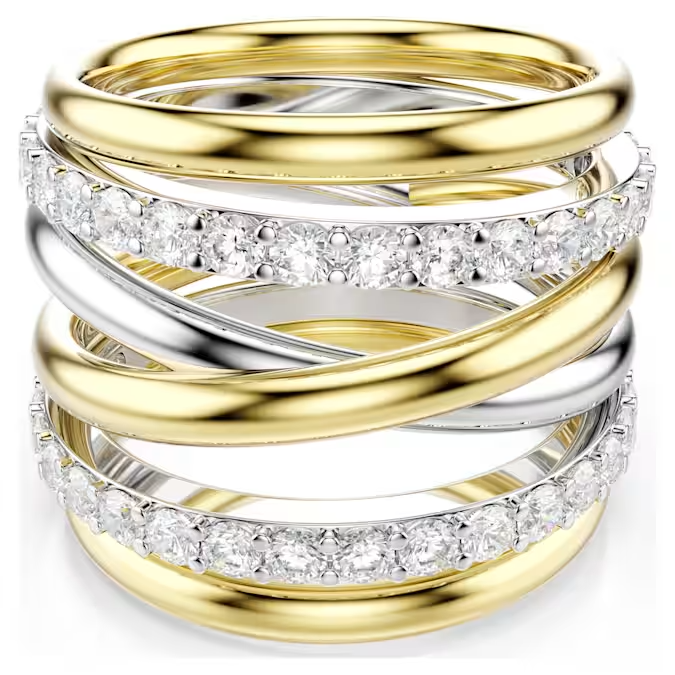 Om uw stijl veelzijdigheid te geven, bestaat dit Swarovski-sieraad uit drie ringen die afzonderlijk kunnen worden gedragen of gestapeld voor een dynamische combinatie. De gedraaide ringen, die het kenmerkende silhouet van de Hyperbola-familie weerspiegelen, combineren een rhodium en goudkleurige toplaag, samen met heldere Swarovski Zirkonia in delicate Round-slijpvormen. Draag ze met bijpassende oorbellen of een ketting om de hypnotiserende look te benadrukken.