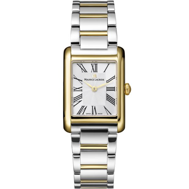 De Maurice Lacroix Fiaba Square Horloge - FA1205-PVY02-110-A is een verfijnd Zwitsers polshorloge met een analoog quartz uurwerk. Het heeft een rechthoekige gouden kast van roestvrij staal, een zilverkleurige wijzerplaat met Romeinse cijfers en saffierglas. Waterbestendig tot 5 ATM. Perfect te dragen bij formele gelegenheden als een elegant accessoire.