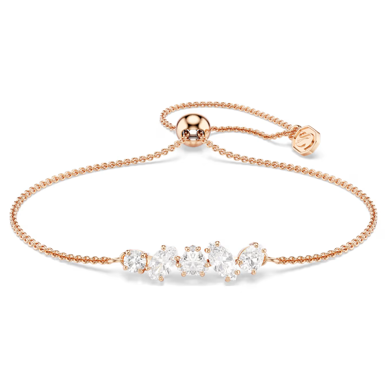 Deze glinsterende armband is de definitie van de moderne verfijning van Mesmera. De gelijkmatige keten van heldere Swarovski Zirkonia bevat een mix van slijpvormen in het midden, wat het ontwerp vorm en spanning geeft. De oogverblindende sieraden van Mesmera combineren klassieke silhouetten met een fascinerende verfijning, wat zorgt voor unieke, persoonlijke looks die altijd een statement maken.

Artikelnr.: 5764801
Collectie:  Mesmera
Maximale lengte: 24 cm
Formaat motief: 0.6 x 2.4 cm
Materiaal:  Cubic zirconia, 18k ros&eacute;gouden afwerking
Kleur:  Wit
Type sluiting:  Schuifbare bal