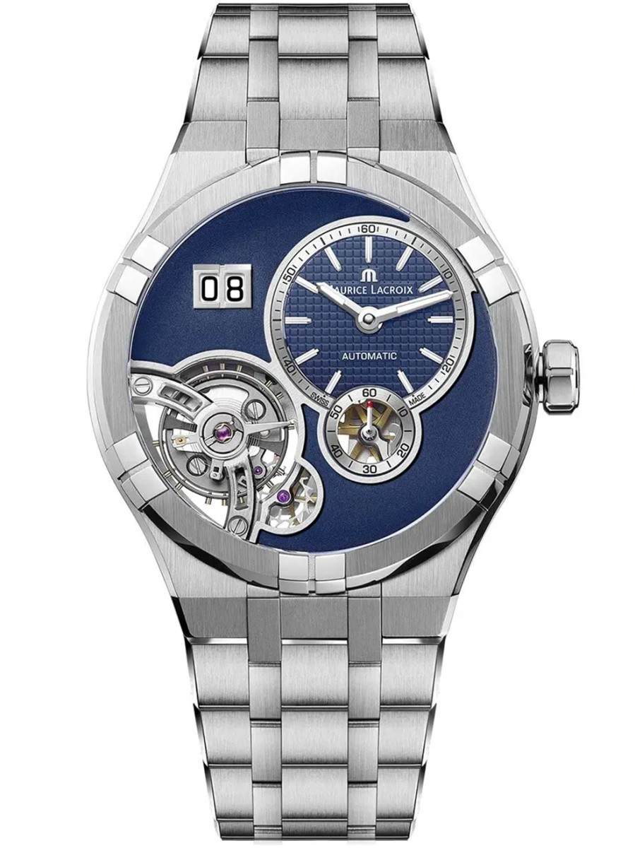 De Maurice Lacroix Aikon Master Grand Date (AI6118-SS00E-430-C) is een luxe herenhorloge met Zwitserse automatische beweging. Dit zilvergekleurde, ronde polshorloge heeft een 45 mm roestvrijstalen kast en blauwe wijzerplaat met strepenindex. Waterbestendig tot 10 ATM. Ideaal om formeel of zakelijk te dragen, waarbij de verfijnde stijl wordt benadrukt.