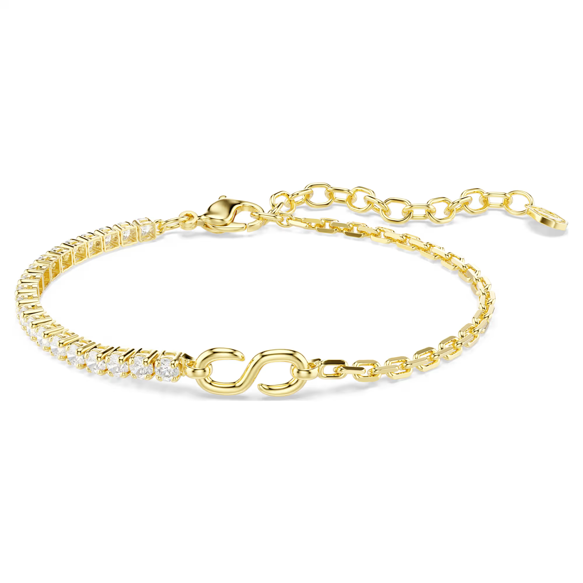 Deze armband geeft een nieuwe draai aan de klassieke Matrix-tennisstijl met een nonchalante klasse. Het ontwerp combineert een fijne ketting met een rij Swarovski Zirkonia, die in het midden samenkomen door een strakke S-vormige schakel. Ge&iuml;nspireerd door de organische perfectie van de helix, is Matrix een verfijnd en elegant DNA-ontwerp dat een onverwachte vloeiendheid laat zien dankzij de grenzeloze savoir-faire van Swarovski.

Artikelnr.: 5753925
Collectie:  Matrix
Lengte (minimum - maximum): 15.5 - 20 cm
Formaat motief: 0.6 x 1.5 cm
Materiaal:  18k gouden afwerking, Cubic zirconia
Kleur:  Wit
Type sluiting:  Karabijn
