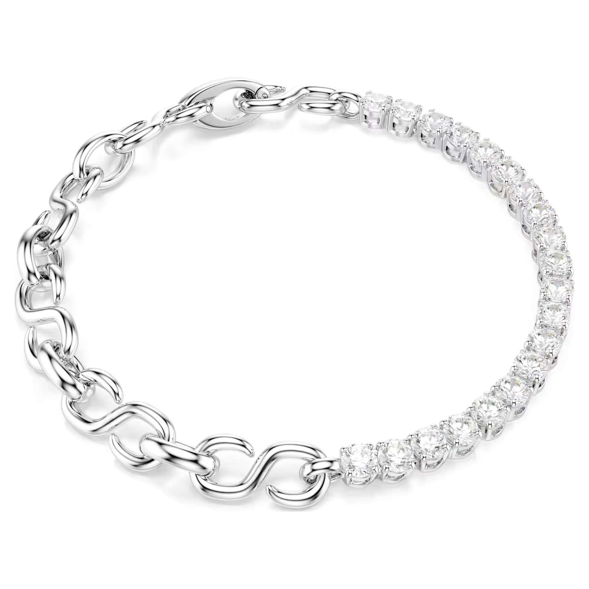 Deze armband is een verfijnde nieuwe versie van de klassieke Matrix-tennisstijl. Het ontwerp combineert een ketting van S-vormige schakels met een streng Swarovski Zirkonia, wat een intrigerend sieraad oplevert dat allesbehalve alledaags is. Ge&iuml;nspireerd door de organische perfectie van de helix, is Matrix een verfijnd en elegant DNA-ontwerp dat een onverwachte vloeiendheid laat zien dankzij de grenzeloze savoir-faire van Swarovski.

Artikelnr.: 5753926
Collectie:  Matrix
Lengte (minimum - maximum): 17 - 19 cm
Formaat motief: 0.7 x 1.4 cm
Materiaal:  Kristallen, Rodium-verguld, Cubic zirconia
Kleur:  Wit
Type sluiting:  Vouwbare sluiting