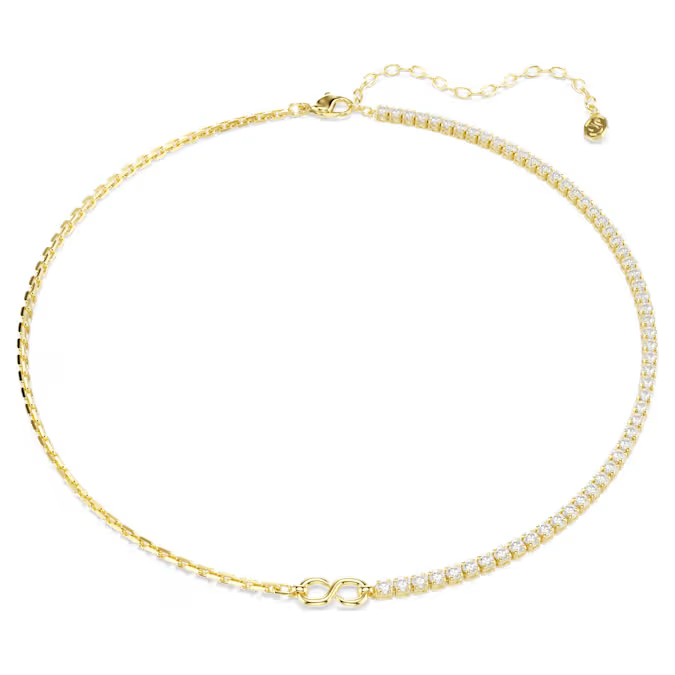 Deze ketting is een moderne twist op de klassieke Matrix-tennisstijl. Het ontwerp is verdeeld in een verfijnde ketting en een streng Swarovski Zirkonia, die in het midden samenkomen door een subtiele S-vormige schakel. Ge&iuml;nspireerd door de organische perfectie van de helix, is Matrix een verfijnd en elegant DNA-ontwerp dat een onverwachte vloeiendheid laat zien dankzij de grenzeloze savoir-faire van Swarovski.

Artikelnr.: 5747717
Collectie:  Matrix
Lengte (minimum - maximum): 38 - 45 cm
Formaat motief: 0.6 x 1.5 cm
Materiaal:  18k gouden afwerking, Cubic zirconia
Kleur:  Wit
Type sluiting:  Karabijn
