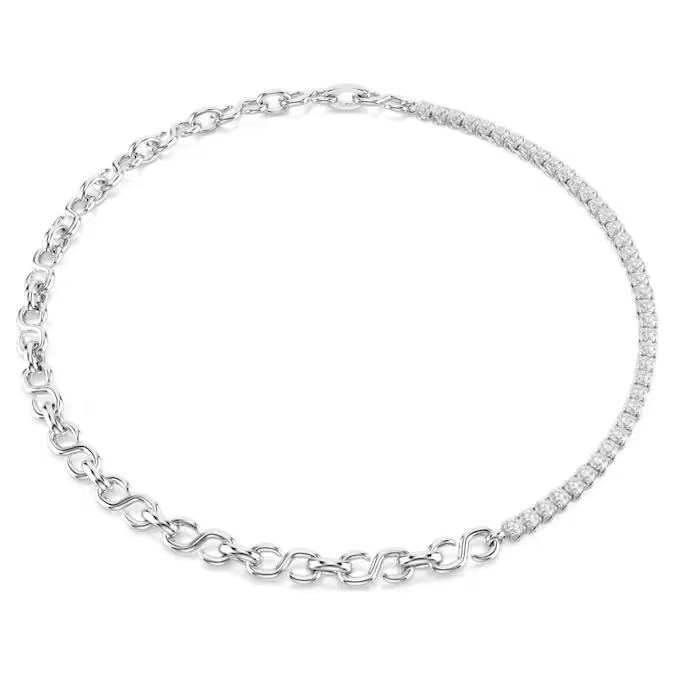 Deze ketting is een moderne twist op de klassieke Matrix-tennisstijl. Het ontwerp is verdeeld over een ketting van S-vormige schakels en een streng Swarovski Zirkonia, wat een intrigerend sieraad oplevert dat allesbehalve alledaags is. Ge&iuml;nspireerd door de organische perfectie van de helix, is Matrix een verfijnd en elegant DNA-ontwerp dat een onverwachte vloeiendheid laat zien dankzij de grenzeloze savoir-faire van Swarovski.

Artikelnr.: 5747732
Collectie:  Matrix
Lengte (minimum - maximum): 38 - 41.5 cm
Breedte: 0.7 cm
Materiaal:  Rodium-verguld, Cubic zirconia
Kleur:  Wit
Type sluiting:  Vouwbare sluiting