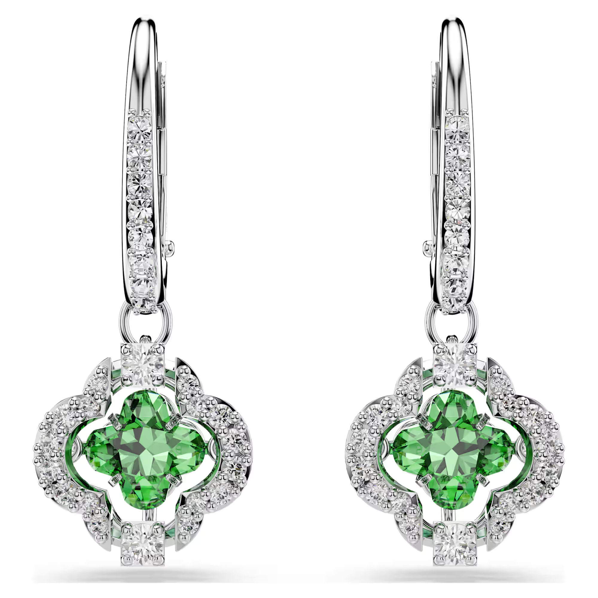 Deze op klavertjes ge&iuml;nspireerde oorbellen vormen een podium voor stralend groene Swarovski Zirkonia, omringd door sierlijke pav&eacute;-curven. Zo ontstaat een fascinerend silhouet dat er zowel organisch als oogverblindend uitziet. De Una Angelic-lijn brengt een hypnotiserende beweging en weergaloze halo&rsquo;s tot leven, wat zorgt voor een prachtig lichtspel dat je gewoon moet zien om te geloven.

Artikelnr.: 5758001
Collectie:  Una
Formaat: 2.7 x 1.1 cm
Materiaal:  Kristallen, Rodium-verguld, Cubic zirconia
Kleur:  Groen
Gewicht (individueel product):  1.6 g
