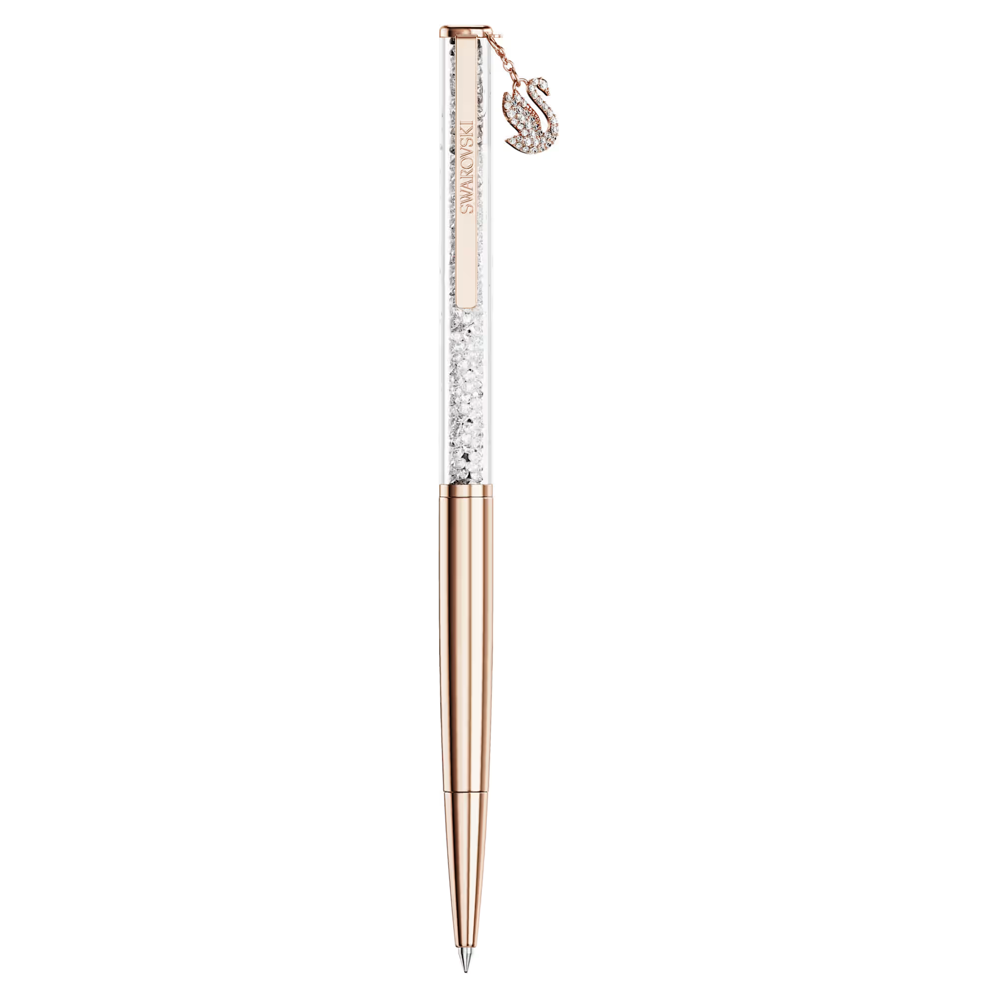 Deze slanke balpen is ge&iuml;nspireerd op de sierlijke Swarovski-zwaan en straalt tijdloze elegantie en verfijnde creativiteit uit. Het ontwerp is gemaakt met een houder met een ros&eacute;goudkleurige toplaag en is gevuld met ongeveer 400 heldere kristallen die u door het lange transparante venster kunt zien. De pen heeft een verfijnd zwaanhangertje dat bij elk geschreven woord symbool staat voor schoonheid in beweging. Vullingen met zwarte en blauwe inkt zijn verkrijgbaar in de Swarovski-stores.

Artikelnr.: 5714959
Collectie:  Crystalline
Formaat: 14.5 x 0.9 cm
Materiaal:  Kristallen, Ros&eacute;goudkleurige toplaag
Kleur:  Wit
Inktkleur:  Zwart