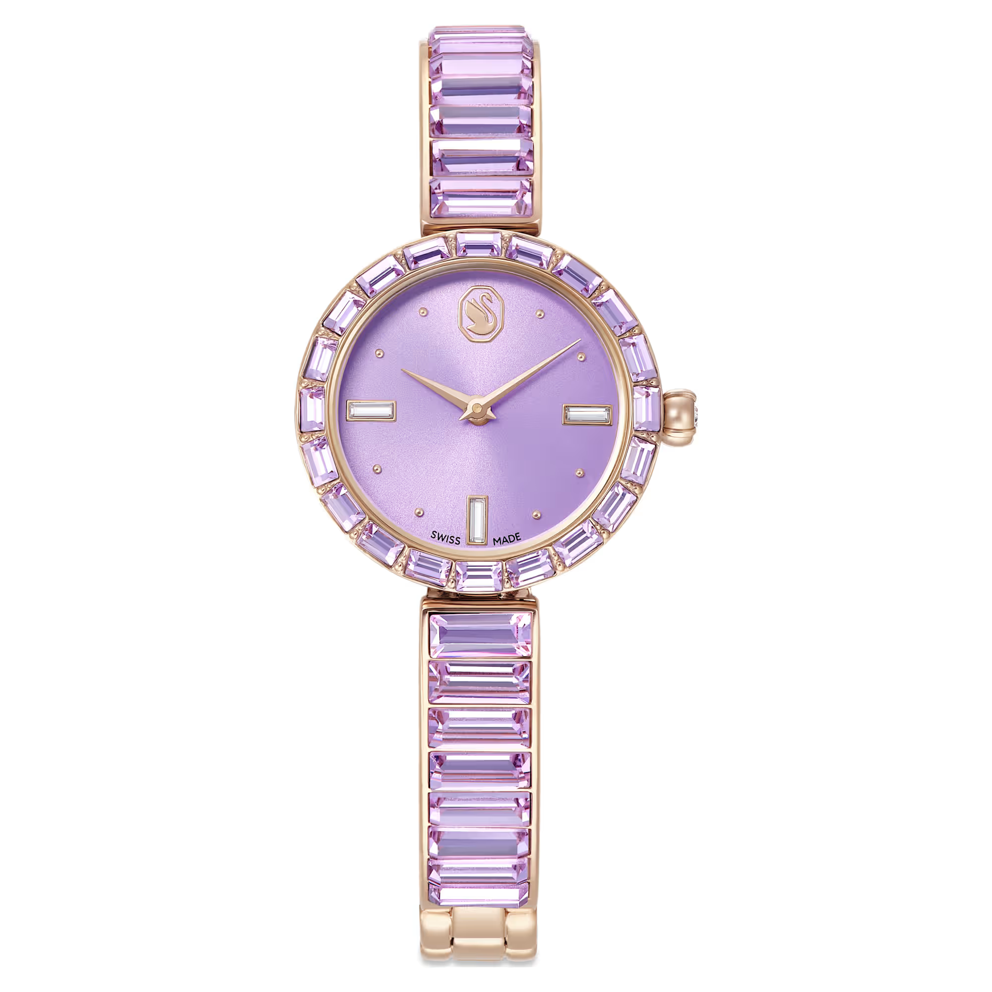 Elegantie wordt versterkt met kristallen in dit beeldschone, op sieraden ge&iuml;nspireerde horloge. Het 25 mm edelstalen ontwerp is omringd door een lunette met 20 paarse kristallen in Baguette-slijpvorm, terwijl een enkel kristal in de kroon is gezet. Kristallen in Baguette-slijpvorm accentueren ook drie uuraanduidingen op de paarse wijzerplaat, die een zwaanlogo heeft op 12 uur. Rond de pols is de armband in armbandstijl versierd met 16 paarse kristallen in Baguette-slijpvorm en is volledig verstelbaar voor een comfortabele pasvorm. Het Swiss Made-horloge is waterbestendig tot 50 meter en is het ideale accessoire voor een fascinerend stijlverhaal.

Artikelnr.: 5743713
Collectie:  Matrix
Grootte van de kast: 25 x 25 mm
Dikte van de kast: 7 mm
Draaglengte band (minimaal - maximaal): 13 - 19 cm
Bandbreedte: 0.9 cm
Materiaal:  Kristallen, Champagnegoudkleurig PVD, Roestvrij staal
Kleur:  Paars
Type sluiting:  Vouwbare sluiting
Materiaal van de band:  Kristallen
Gemaakt in:  Zwitserland
Mechanisme:  Kwarts