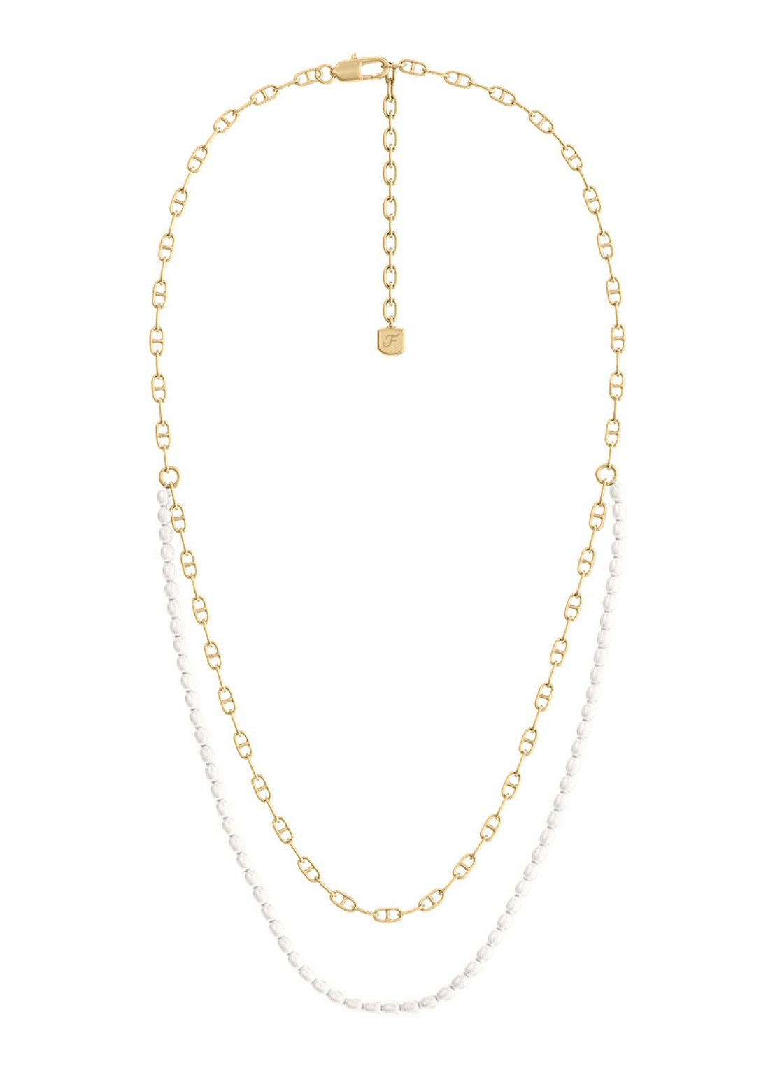 Deze halsketting van gepolijst goudkleurig messing heeft meerdere strengen en combineert een fijne D-schakelketting met stralende parelaccenten, voor een prachtig uitgebalanceerde look. Het doordachte ontwerp benadrukt de contrasterende texturen, terwijl een karabijnsluiting zorgt voor een veilige en comfortabele pasvorm.