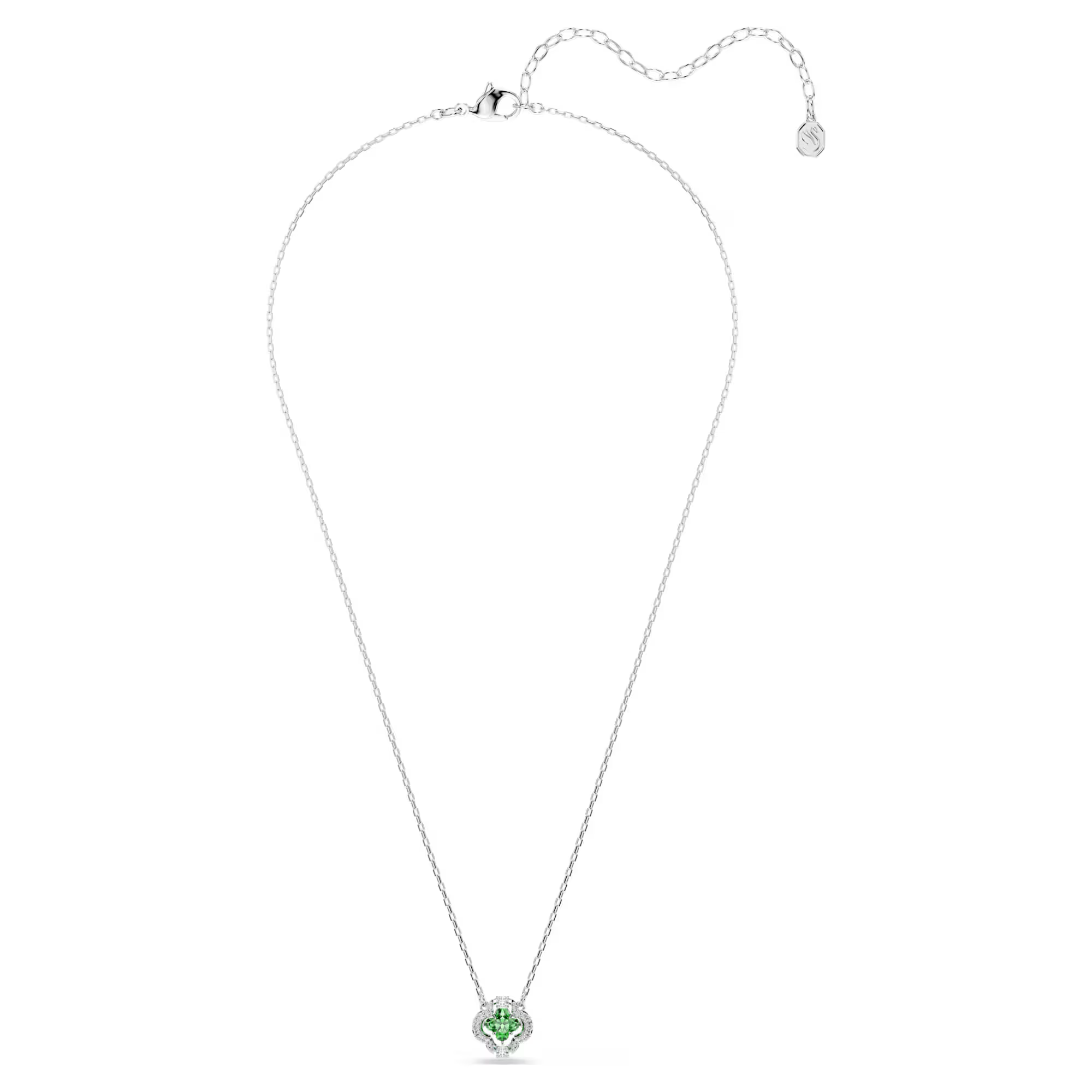 Deze opvallende hanger doet denken aan een fijn klavertje en is voorzien van een centrale groene Swarovski Zirkonia, omringd door een gewelfde omlijsting van pav&eacute; om prachtig het licht te vangen. De Una Angelic-lijn brengt een hypnotiserende beweging en weergaloze halo&rsquo;s tot leven, wat zorgt voor een prachtig lichtspel dat je gewoon moet zien om te geloven.

Artikelnr.: 5757785
Collectie:  Una
Lengte (minimum - maximum): 38 - 45 cm
Formaat motief: 1.1 x 1.1 cm
Materiaal:  Rodium-verguld, Cubic zirconia
Kleur:  Groen
Type sluiting:  Karabijn