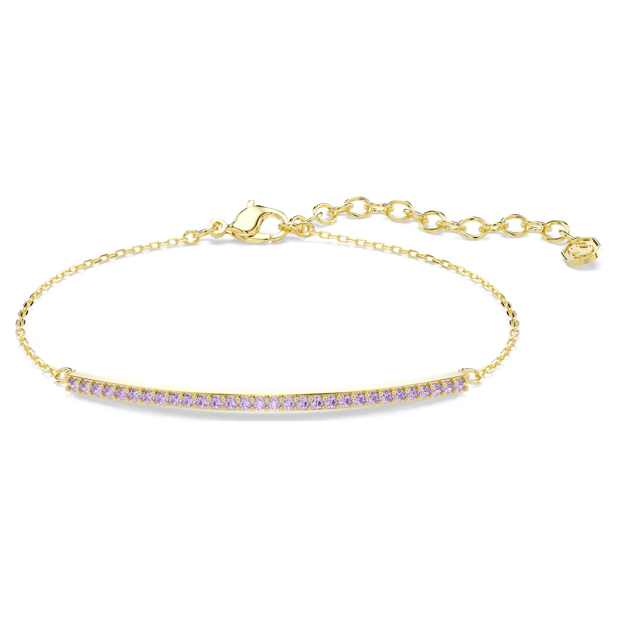 Deze armband is een onmisbaar Swarovski-artikel voor elke dag. Het sieraad is gemaakt van strak metaal en lichtpaarse pav&eacute; die een elegante combinatie vormen. Je kunt de armband los dragen of combineren met krachtige kleuren. De Only-collectie is een prachtig voorbeeld van Swarovski&rsquo;s meesterschap van licht en bouwt voort op een traditie van kristalontwerp. De collectie biedt stralende sieraden voor je eigen expressieve styling.

Artikelnr.: 5757795
Collectie:  Only
Lengte (minimum - maximum): 15.5 - 20 cm
Formaat motief: 0.2 x 4.7 cm
Materiaal:  18k gouden afwerking, Cubic zirconia
Kleur:  Paars
Type sluiting:  Karabijn