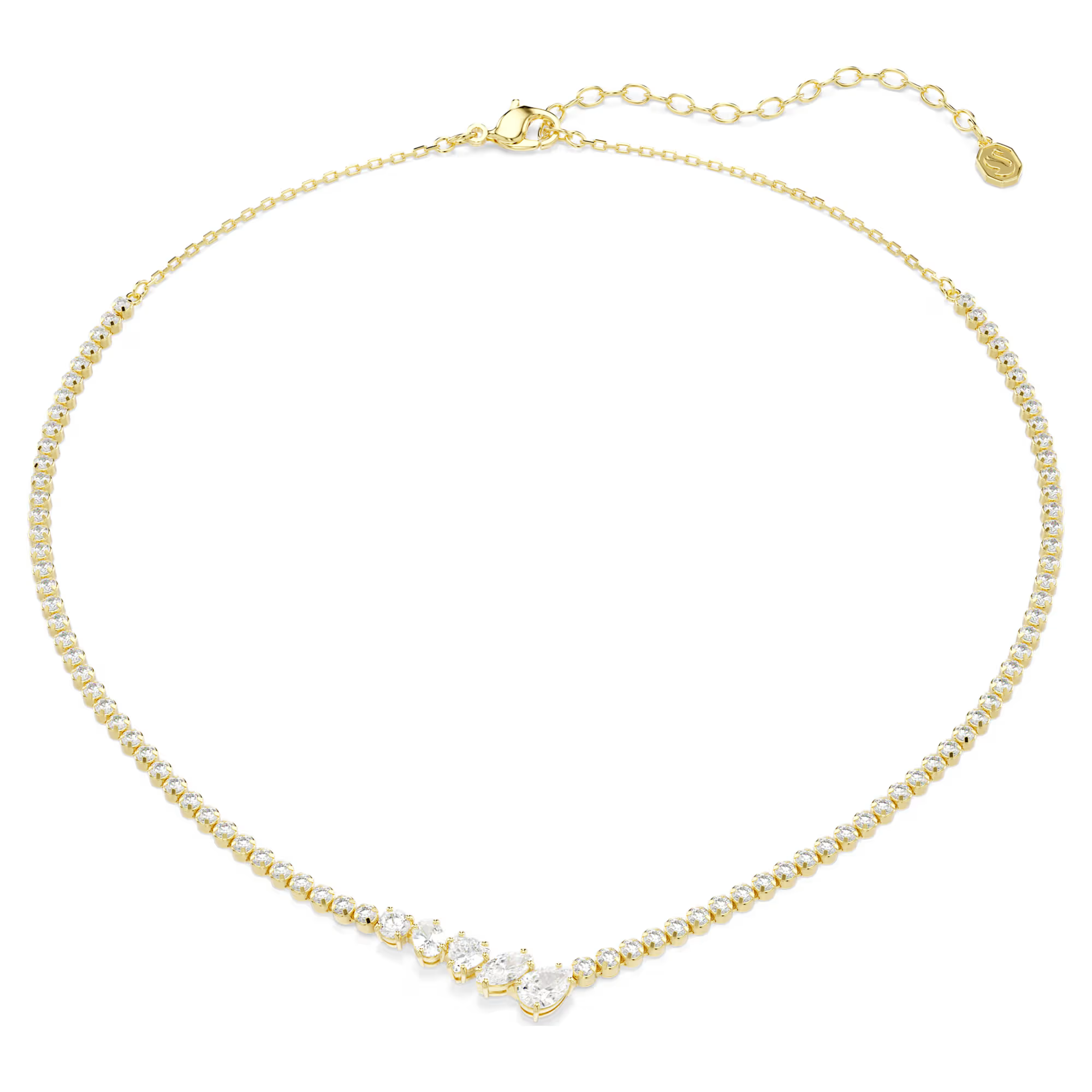 Deze V-vormige ketting straalt verfijning uit door de eclectische mix van Swarovski Zirkonia-slijpvormen, die allemaal in het midden van een fijn cupchain-ontwerp zijn geplaatst. Een makkelijke keuze voor een pure en stralende stijl. De oogverblindende sieraden van Mesmera combineren klassieke silhouetten met een fascinerende verfijning, wat zorgt voor unieke, persoonlijke looks die altijd een statement maken.

Artikelnr.: 5747931
Collectie:  Mesmera
Lengte (minimum - maximum): 38 - 45 cm
Breedte: 0.6 cm
Materiaal:  18k gouden afwerking, Cubic zirconia
Kleur:  Wit
Type sluiting:  Karabijn