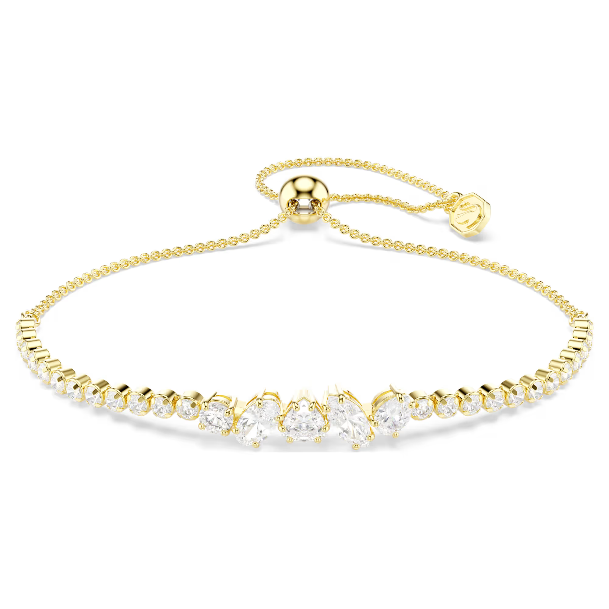 Deze glinsterende armband is de definitie van de moderne verfijning van Mesmera. De gelijkmatige cupchain van heldere Swarovski Zirkonia bevat een eclectische mix van slijpvormen in het midden, wat het ontwerp vorm en spanning geeft. De oogverblindende sieraden van Mesmera combineren klassieke silhouetten met een fascinerende verfijning, wat zorgt voor unieke, persoonlijke looks die altijd een statement maken.

Artikelnr.: 5747939
Collectie:  Mesmera
Maximale lengte: 24 cm
Formaat motief: 0.6 x 2.4 cm
Materiaal:  18k gouden afwerking, Cubic zirconia
Kleur:  Wit
Type sluiting:  Schuifbare bal