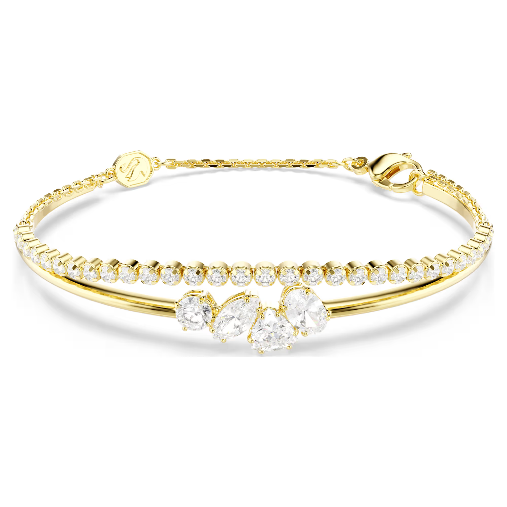 Deze dubbele armband bestaat uit een soepele cupchain van Swarovski Zirkonia en een strakke band met een mix van verschillende stenen voor een gelaagde look. Een prachtig contrast van details dat je pols omringt met licht. De oogverblindende sieraden van Mesmera combineren klassieke silhouetten met een fascinerende verfijning, wat zorgt voor unieke, persoonlijke looks die altijd een statement maken.

Artikelnr.: 5747953
Collectie:  Mesmera
Lengte: 17 cm
Binnenste diameters: 5.8 x 4 cm
Formaat motief: 0.6 x 1.7 cm
Afstand opening: 4.5 cm
Materiaal:  18k gouden afwerking, Cubic zirconia
Kleur:  Wit
Type sluiting:  Karabijn