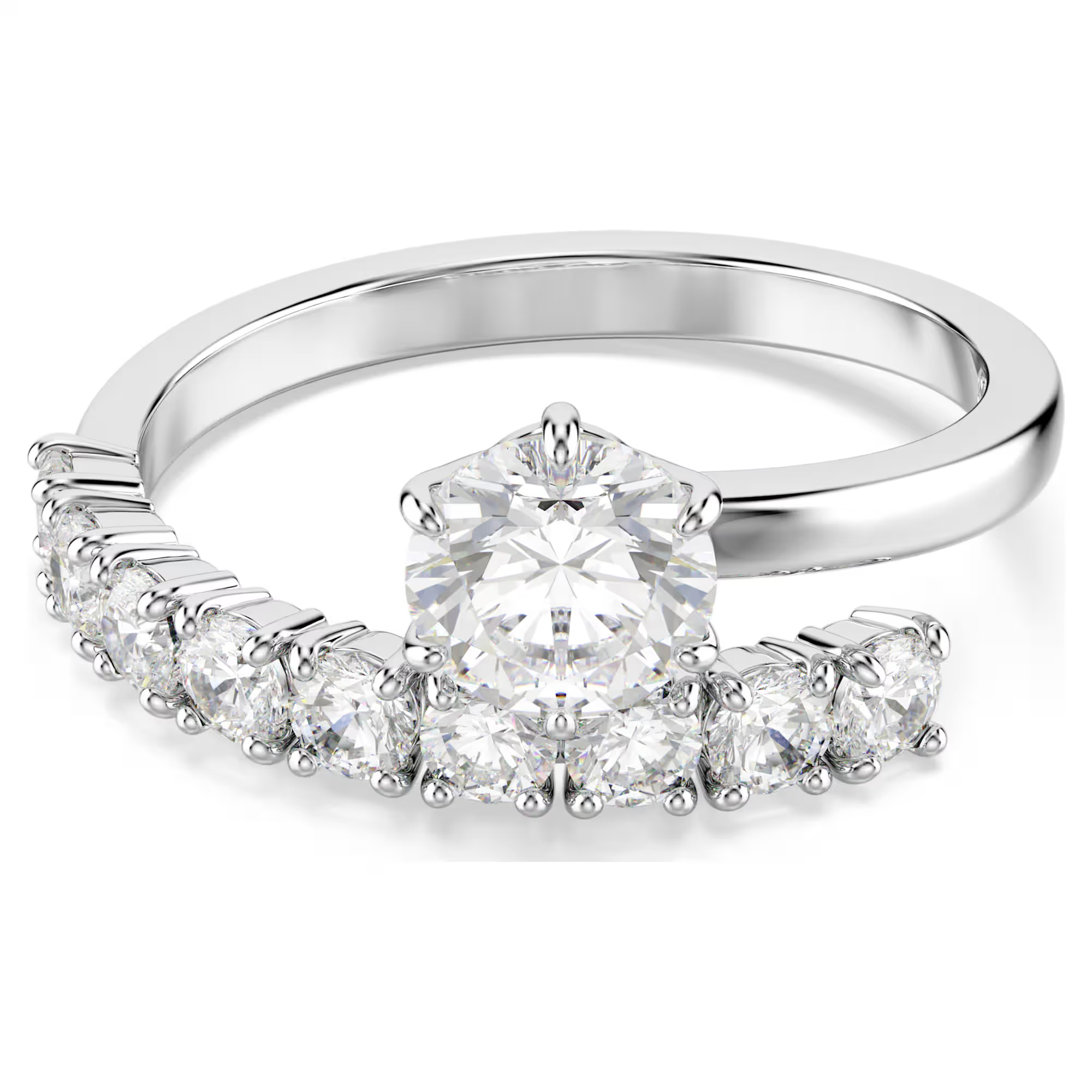 Deze open ring vangt de essentie van een Matrix-silhouet en combineert zwierig metaal met heldere Swarovski Zirkonia, inclusief een enkele solitaire aan de punt voor extra sprankeling. Ge&iuml;nspireerd door de organische perfectie van de helix, is Matrix een verfijnd en elegant DNA-ontwerp dat een onverwachte vloeiendheid laat zien dankzij de grenzeloze savoir-faire van Swarovski.