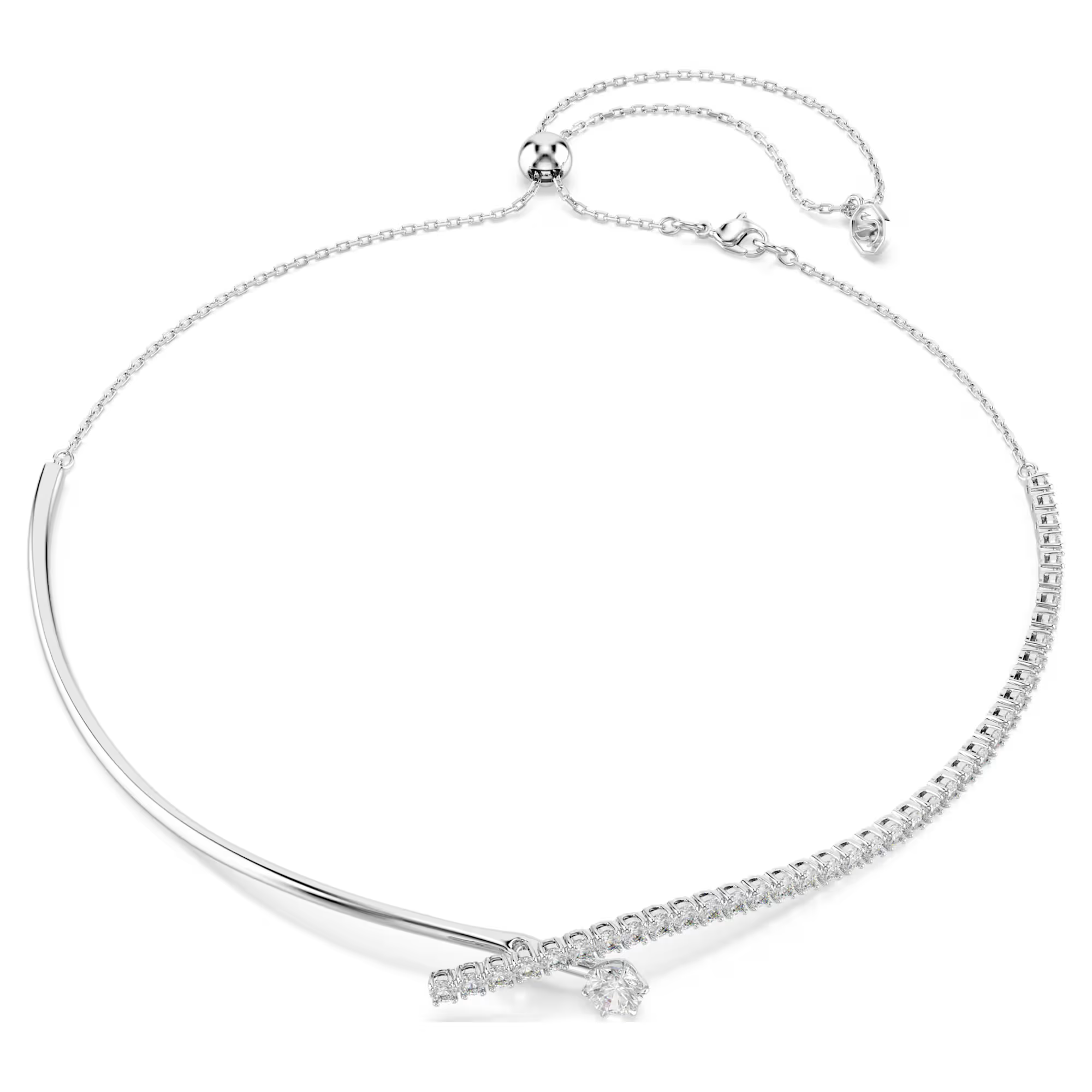 Deze verstelbare ketting laat de verfijning van Matrix zien met een subtiel crossover-ontwerp. Een schitterende laag van licht, gemaakt van strak metaal en glinsterende Swarovski Zirkonia. Ge&iuml;nspireerd door de organische perfectie van de helix, is Matrix een verfijnd en elegant DNA-ontwerp dat een onverwachte vloeiendheid laat zien dankzij de grenzeloze savoir-faire van Swarovski.
