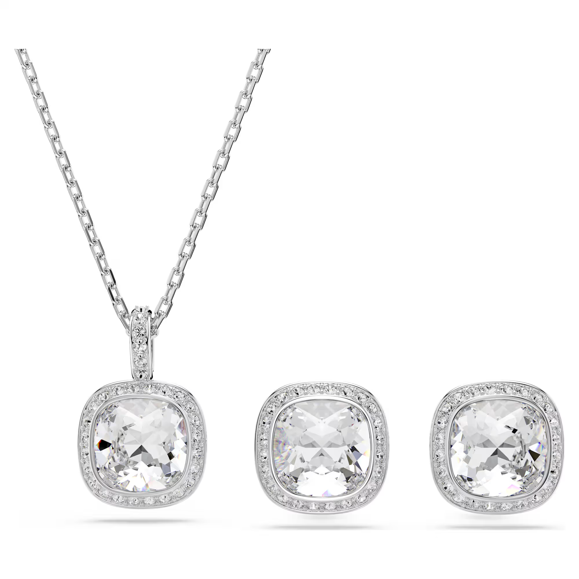 Deze set bestaat uit een hanger en bijpassende oorknoppen, waarbij elk sieraad wordt gekenmerkt door een eigentijdse kussenvorm. Stralend, modern en nonchalant: deze sieraden zijn een onvergetelijk cadeau voor speciale gelegenheden. De Una Angelic-lijn brengt een hypnotiserende beweging en weergaloze halo&rsquo;s tot leven, wat zorgt voor een prachtig lichtspel dat je gewoon moet zien om te geloven.

Artikelnr.: 5754343
Collectie:  Una
Ketting lengte: 38 - 45 cm
Formaat motief: 1.8 x 1.2 cm
Oorbellen: 1.2 x 1.2 cm
Materiaal:  Kristallen, Rodium-verguld
Kleur:  Wit
Type sluiting:  Karabijn