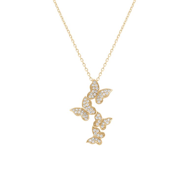 Ketting geelkleurig met hanger in de vorm van 4 vlinders gezet met zirconia