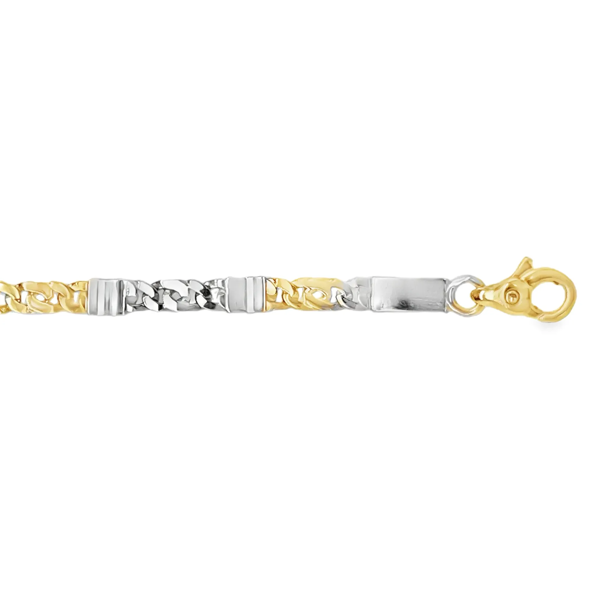 De Bicolor Armband NA2573-20, een 9-karaats gourmette armband, is 20 cm lang en nieuw. De armband heeft een goudkleur en is ideaal voor zowel dagelijks als formeel gebruik. Draag het solo voor een elegante uitstraling of combineer met andere sieraden voor een modieuze look. Perfect als subtiel maar stijlvol accessoire.