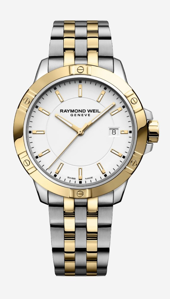 Raymond Weil Tango 5960-STP-30041 damespols horloge edelstaal met geel PVD en edelstalen band met vouwsluiting. Kast 30 mm met Quartz uurwerk, schroefkroon ontspiegeld Saffier glas en 10 ATM waterdicht.