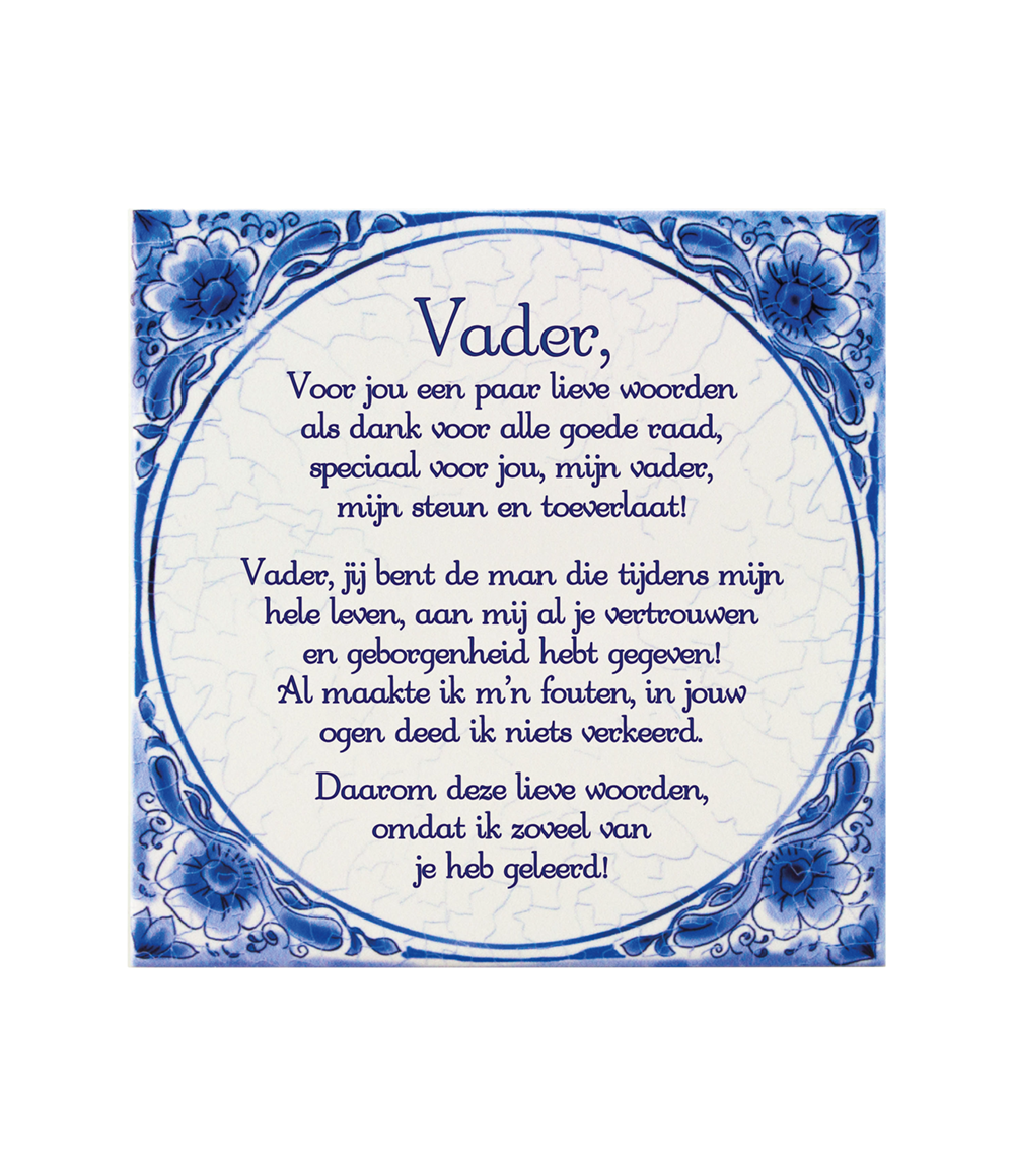 Het Tegels delfts blauw - Vader combineert een klassieke Hollandse uitstraling met een persoonlijke en vaak humoristische boodschap. Dankzij het herkenbare Delfts blauwe ontwerp is dit keramische tegeltje een stijlvol cadeau dat in vrijwel ieder interieur een mooi plekje verdient.

Dit Delfts blauw tegeltje voor vader is een origineel cadeau voor Vaderdag, een verjaardag of een andere gelegenheid waarop een vader extra waardering verdient. De combinatie van een leuke tekst en het traditionele ontwerp zorgt voor een cadeau dat zowel decoratief als persoonlijk is. Combineer dit tegeltje met andere artikelen uit het Vaderdag assortiment voor een compleet cadeaupakket.

De Delfts Blauwe Tegels van Paper Dreams zijn gemaakt van keramiek en hebben een afmeting van 15 x 15 centimeter. 