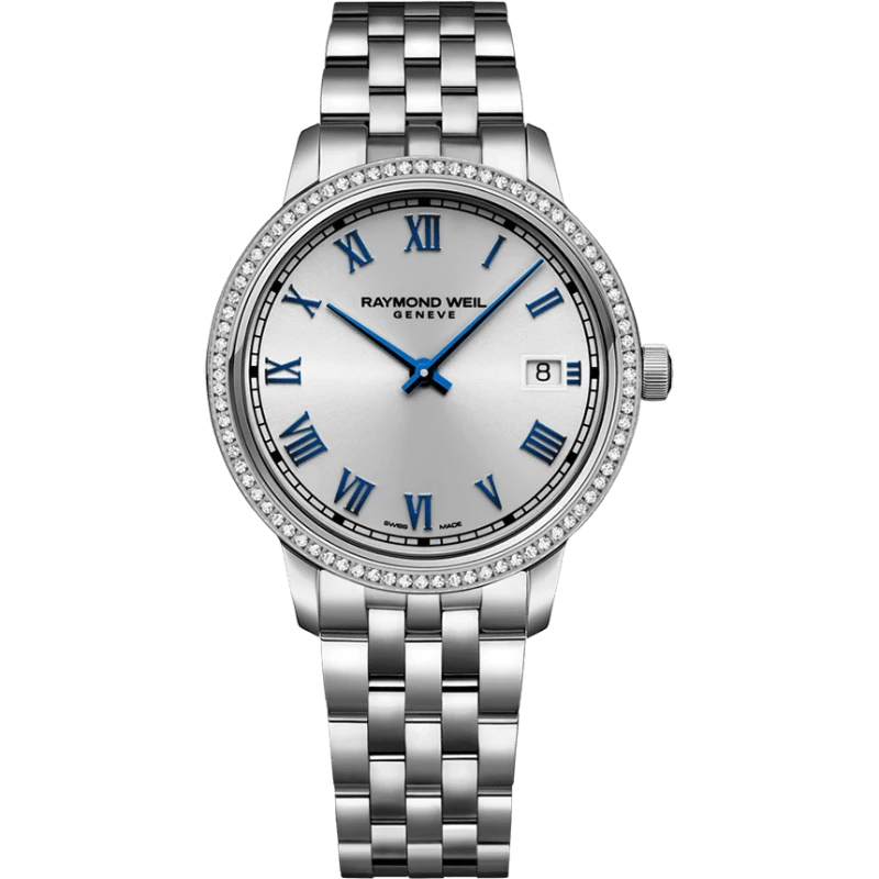 Raymond Weil Toccata 80 Diamonds Dames 5385-STS-00653. Ge&iuml;nspireerd op de Art D&eacute;co stijl werd de Toccata serie op de mark gebracht. Ze zijn te herkennen aan de zuivere lijnen, de weelderige wijzerplaat en zijn gepast voor elke gelegenheid. De Toccata huisvest een heel duidelijke witte wijzerplaat met blauwe Romeinse cijfers en een datumaanduiding. Het is een schitterend dameshorloge met zijn horlogekast van 34 mm die volledig bezet werd met diamanten. In totaal zitten er 80 diamanten in verwerkt van 0.240 ct van SI1 of SI2 kwaliteit. De wijzers hebben een mooi blauw verhitte kleur. Aan dit damesuurwerk staat een roestvrij stalen band met vlindersluiting die aanpasbaar is op elke pols. De Toccata is 5 ATM waterdicht en heeft een krasvrij saffierglas. Elk uurwerk bevat een Zwitsers binnenwerk dat je verzekert van de Zwitserse precisie en kwaliteitsgarantie.

Juwelier Haesen in Valkenburg is een Officieel Dealer van Raymond Weil. Elk uurwerk wordt geleverd in authentieke Raymond Weil verpakking 