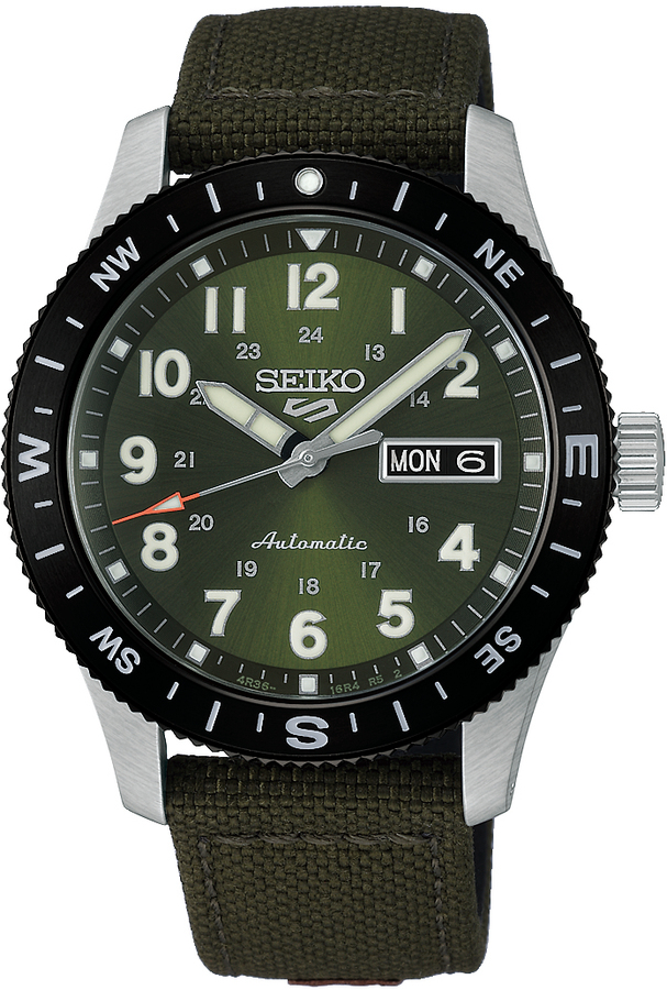 Seiko 5 Sport heren pols horloge automaat staal met nylon/leer combinatie  band. 10 ATM waterdicht.