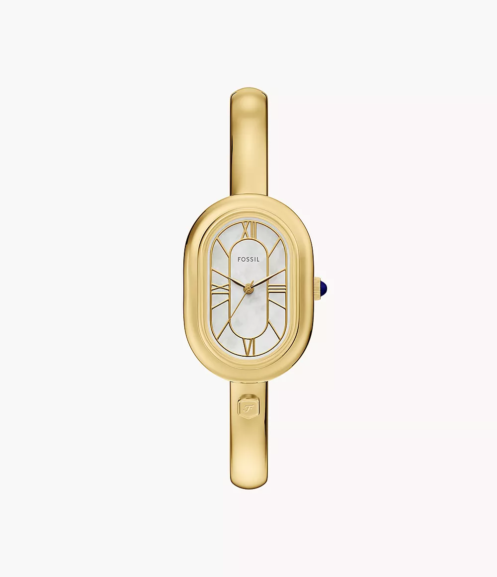 Deze goudkleurige, op sieraden ge&iuml;nspireerde bangle-armband van roestvrij staal sluit naadloos aan op de ovale kast en vormt zo een strak en verfijnd bangle-horloge. De glanzende wijzerplaat van parelmoer, voorzien van goudkleurige wijzers en indexen, versterkt de stralende elegantie en het harmonieuze ontwerp van het horloge. De armband is uitgerust met een handige drukknoopsluiting met het gegraveerde Fossil-logo, waardoor het horloge gemakkelijk om en af ​​te doen is.