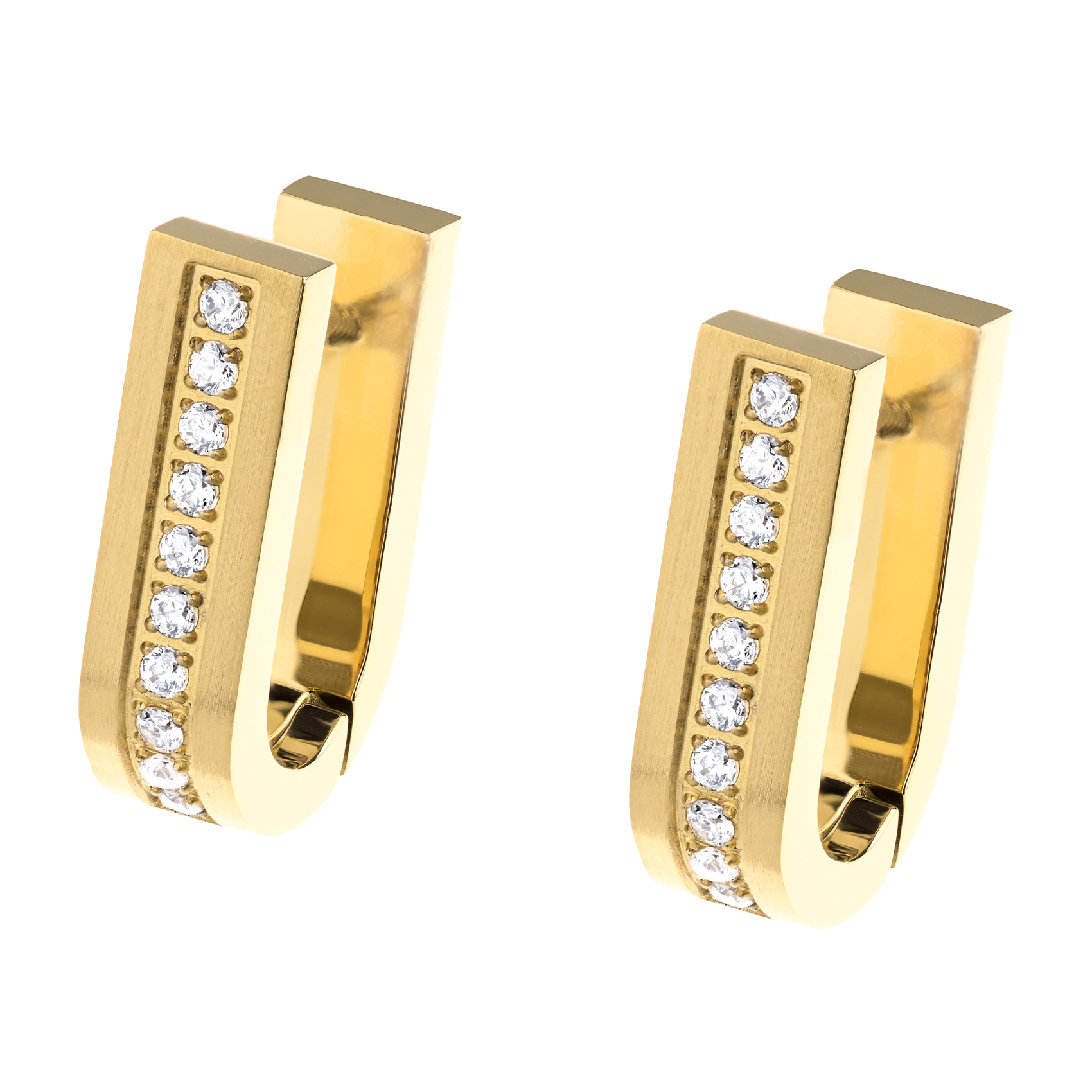 Creole vergoldet Edelstahl Zirkonia, Modellnummer E772, geh&ouml;rt zur Kategorie Schmuck und ist ein Paar Creolen mit Zirkonia. Diese Ohrringe bestehen aus vergoldetem Edelstahl, der ihnen einen eleganten Glanz verleiht. Tragen Sie diese Creolen zu festlichen Anl&auml;ssen oder als elegantes Accessoire im Alltag, um Ihrem Outfit einen Hauch von Glamour zu verleihen.