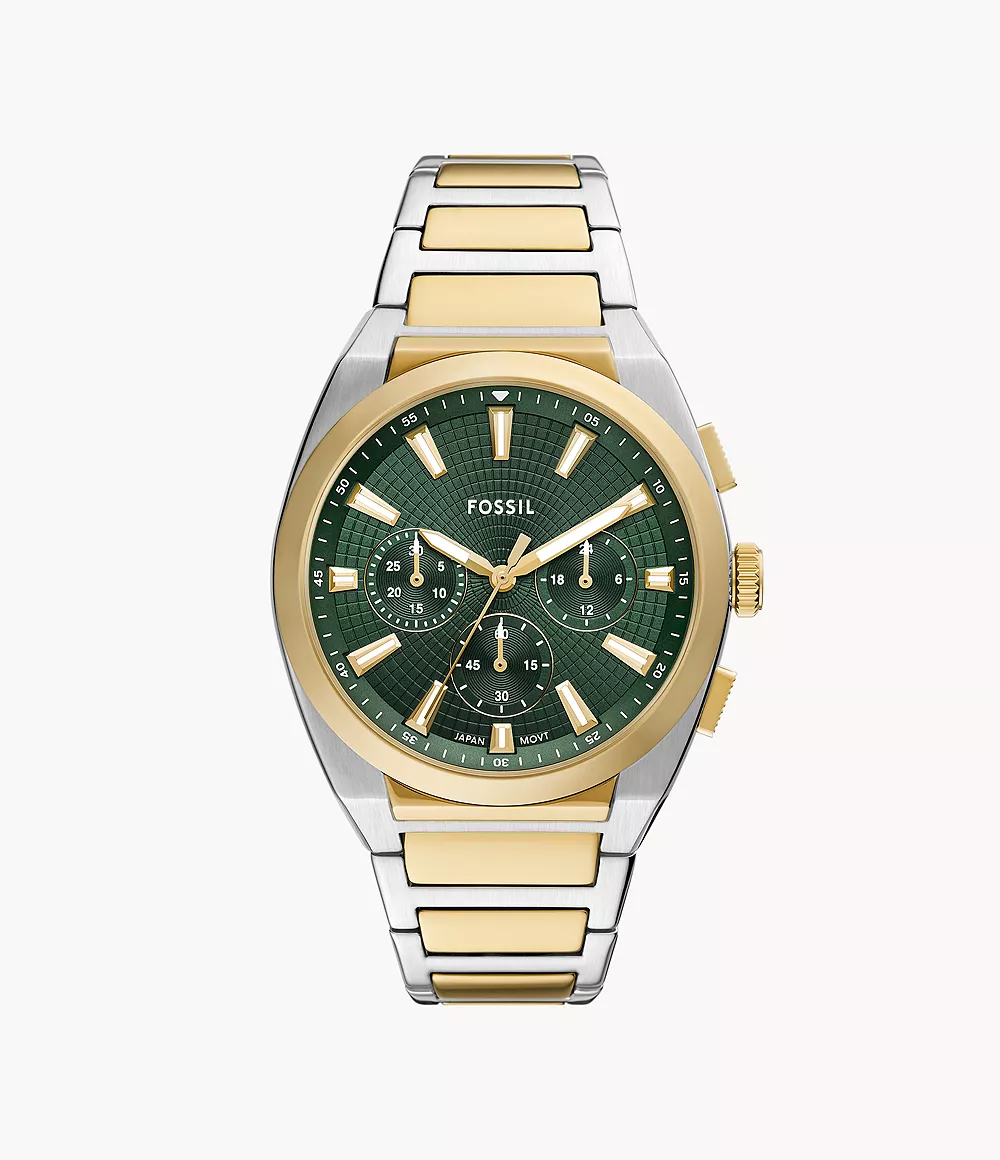 Een klassieke uitstraling voor elke dag.
De Everett Chronograph straalt moeiteloze stijl uit. Dit sportieve horloge combineert een casual, stoere look met verfijnde elegantie. De groene wijzerplaat met zonnestraalafwerking, gevat in een ronde, tweekleurige roestvrijstalen kast van 44 mm, zorgt voor een modern accent. Dankzij functionele details, zoals een Japans quartz-chronograafuurwerk en een datumvenster, blijf je met dit veelzijdige horloge altijd bij de tijd. Kies voor dit iconische accessoire en ga elke uitdaging aan.