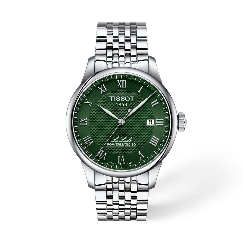 Deze Tissot Le Locle horloge, modelnummer T0064071109300, heeft een roestvrijstalen kast en band, een groene wijzerplaat met Romeinse cijfers en saffierglas. Het is een automatisch analoog horloge met datumfunctie, Zwitserse beweging en is hypoallergeen. Draag het tijdens formele gelegenheden voor een elegante uitstraling. Waterbestendigheid tot 3ATM.  